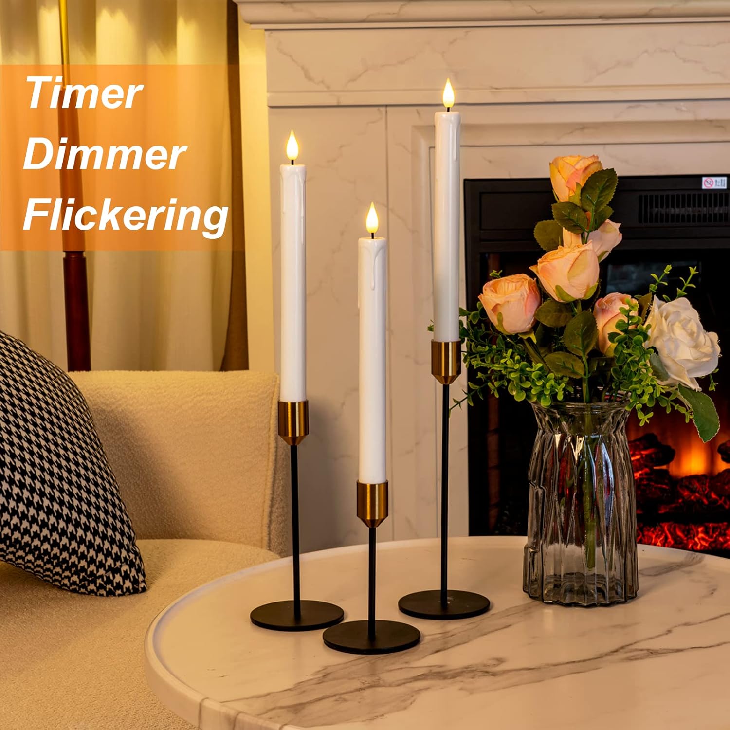 Homemory 3 Pcs Flameless Taper Candles with Remote Timer Dimmer, 9.6 White Flickering Candlesticks Battery Operated, Realistic Plastic LED Candles for Fireplace Wedding Seasonal Indoor Decorations