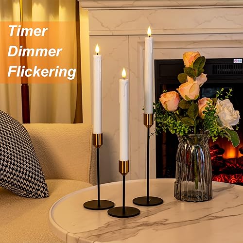 Miniatura 3 de Homemory 3 velas cónicas sin llama con temporizador remoto, velas blancas parpadeantes de 9.6 pulgadas, funciona con pilas, velas LED de plástico
