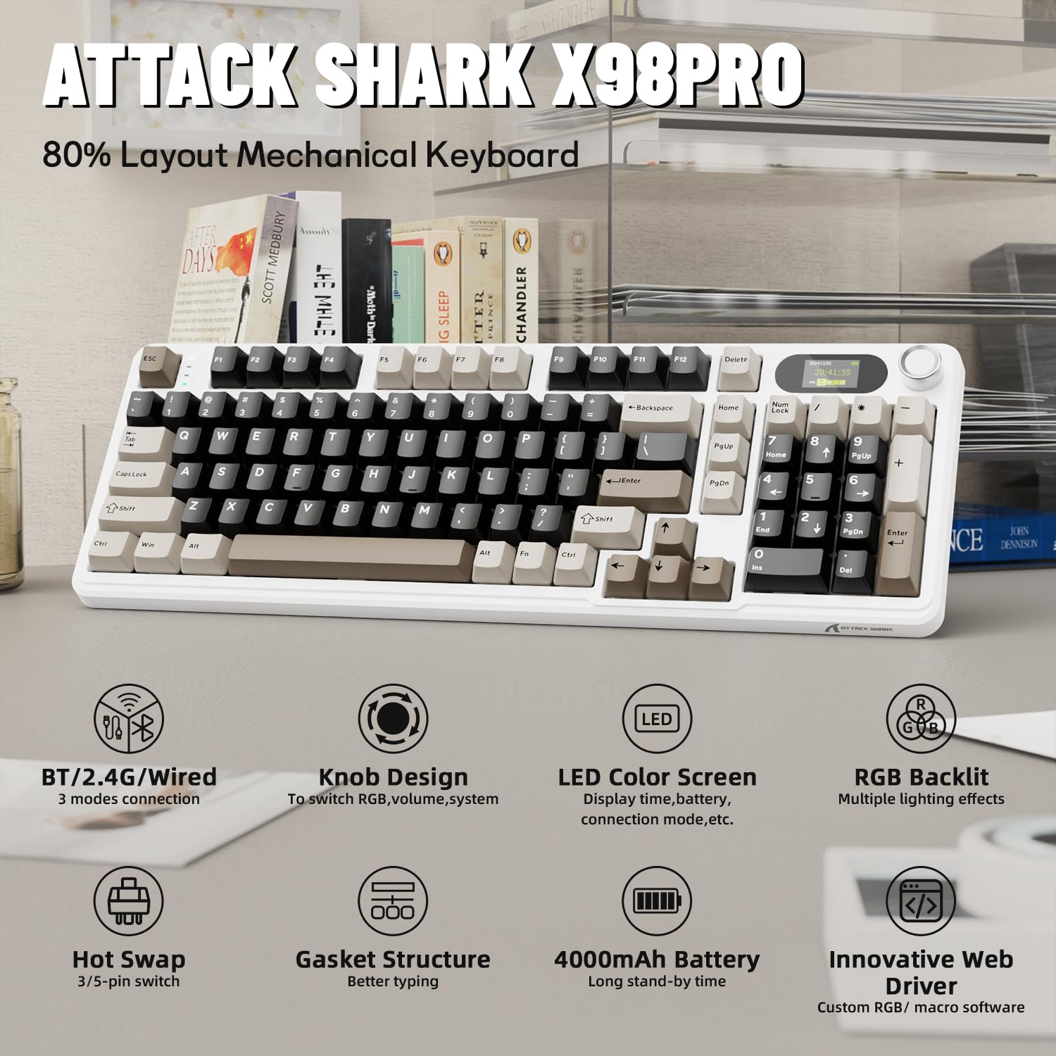 ATTACK SHARK X98PRO Gasket Teclado mecánico para Juegos,BT/inalámbrico 2.4G/USB-C,Pantalla LED a Color y Perilla CNC,RGB Backlit,Interruptor Lineal de 98 Teclas Hot-Swap,4000mAh,para PC,Mac-Blanco