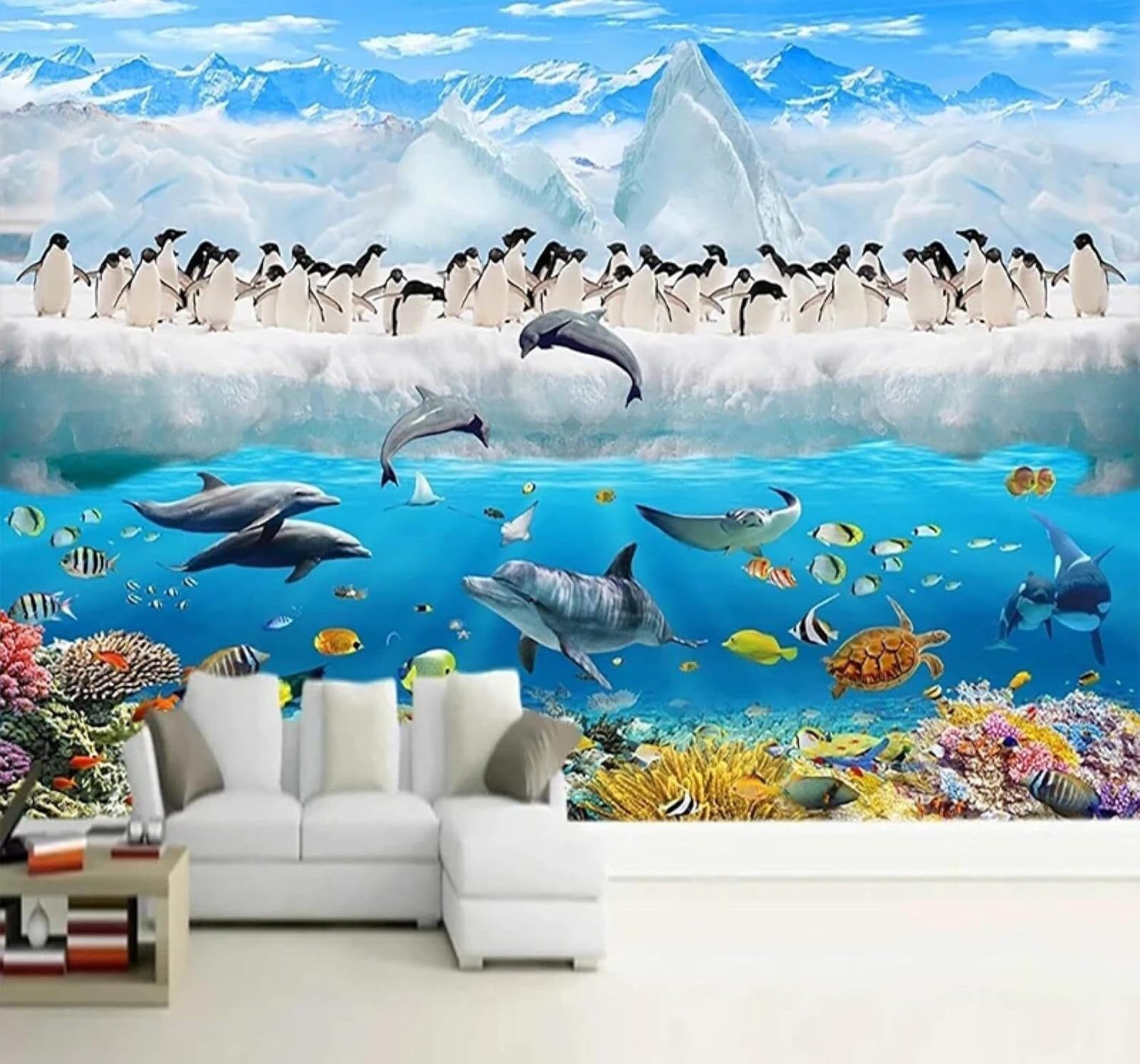 XLMING Creative Icebergs Penguins Dolphins Underwater World 3D Wallpaper Silky Texture Home Study Office Grey Dining Room Sofa Bedroom Living Room TV Backdrop-400cm×280cm