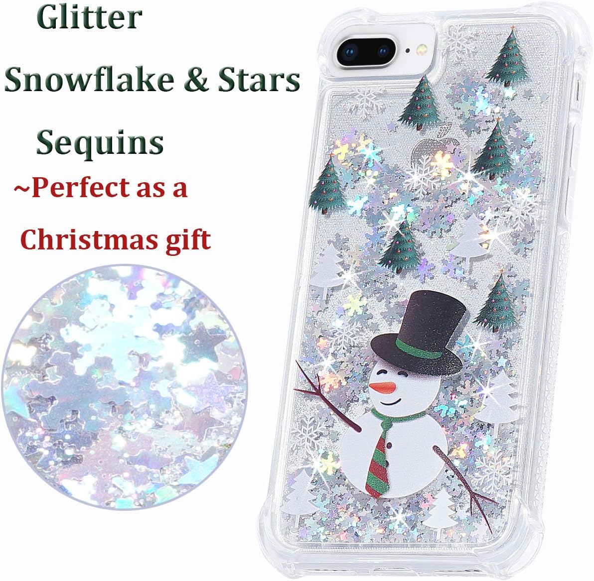 FLOCUTE iPhone 7 Plus Case, iPhone 8 Plus Glitter Christmas Case Bling Sparkle Floating Liquid Soft TPU Cushion Luxury Case for Girls Women Cute Case for iPhone 7 Plus 8 Plus 5.5 Inch (Snowman)