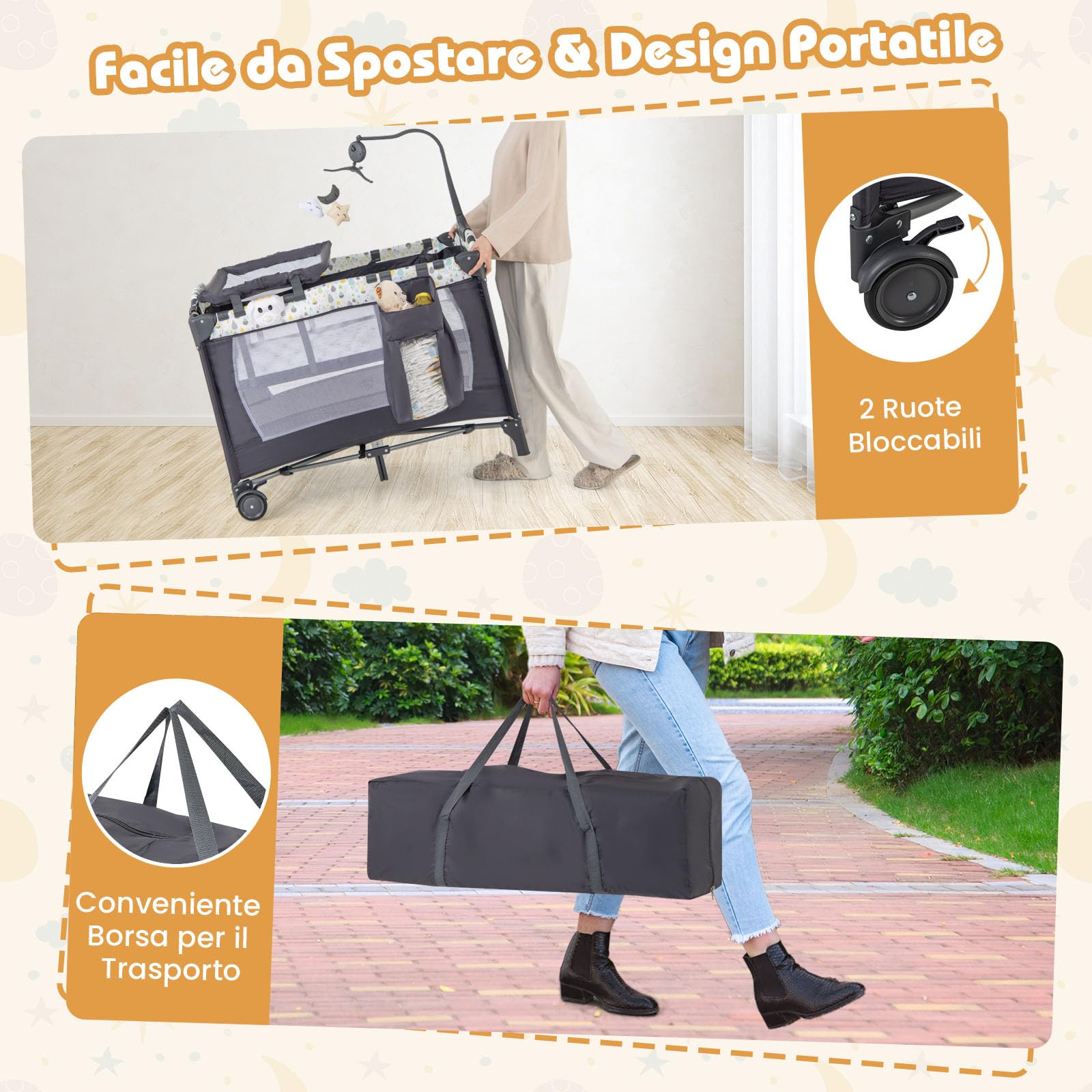 COSTWAY 4 in 1 Lettino da Campeggio per Bambini, Lettino Pieghevole con Materasso, Box Bambini Portatile con Borsa, Culla Lettino con Fasciatoio, Ruote, Portata 15 kg, 102 x 72 x 74 cm (Grigio+Beige)