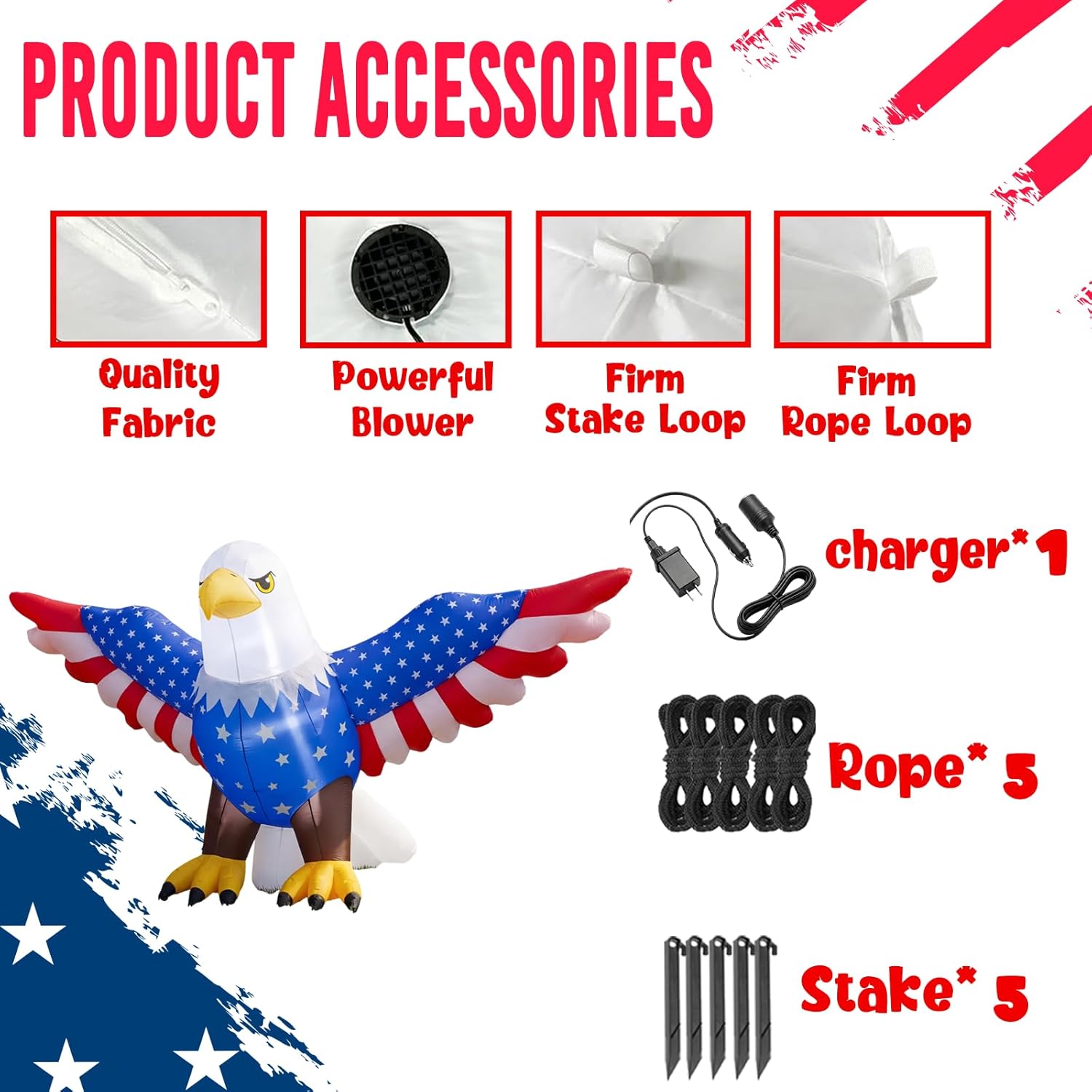 10FT Long Inflatable American Eagle 2-in-1 Decorations, 4th of July Parade Float Decorations & Golf Cart Decoration, Patriotic Blow Up Lighted Inflatable Eagle for Outdoor Yard Lawn