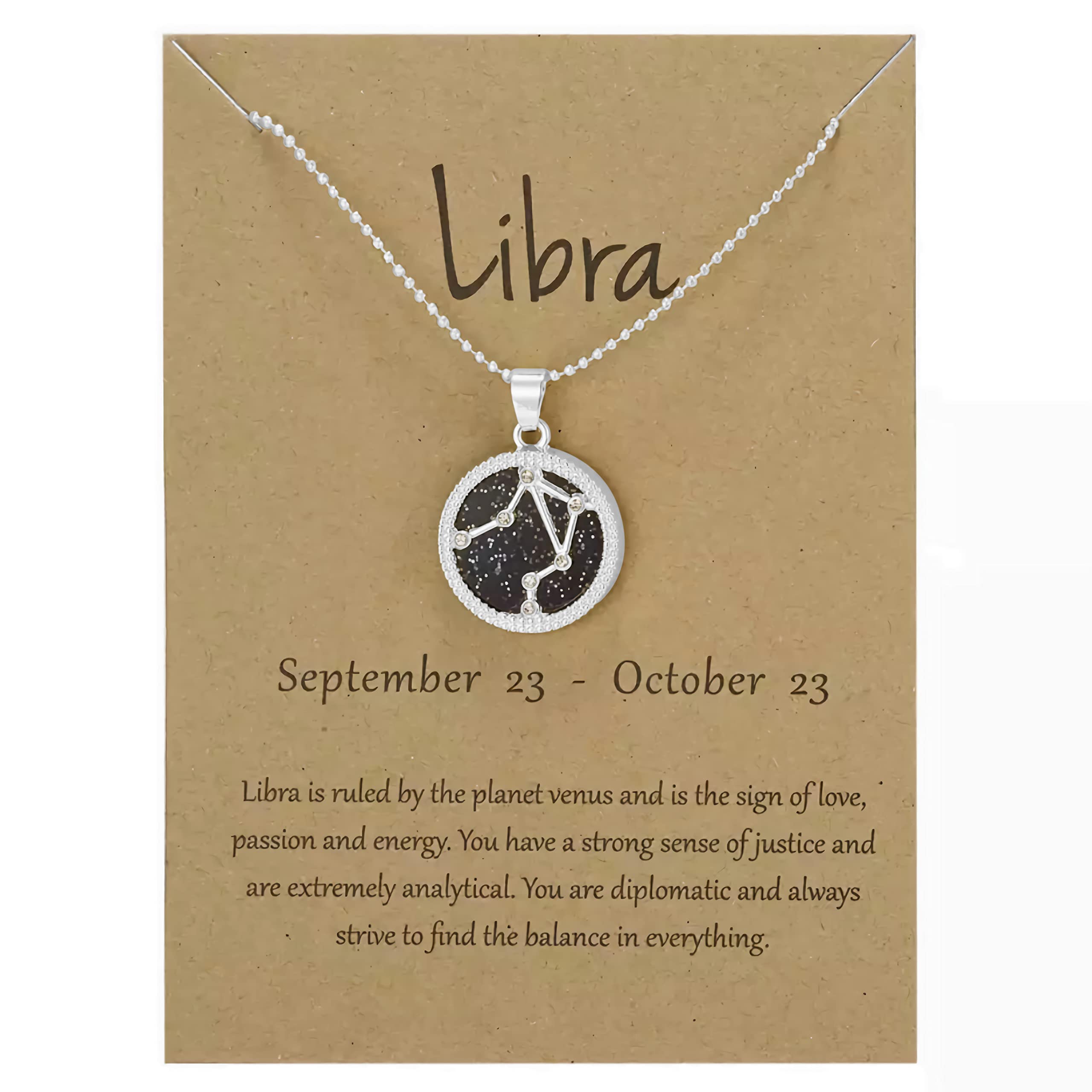 GenericSilver Star Sign Coin Constellation Pendant Chain Necklace – Night – Libra (23rd September - 23rd October) - Zodiac Constellation Horoscope Celestial Astrology Jewellery - Women Men Gift