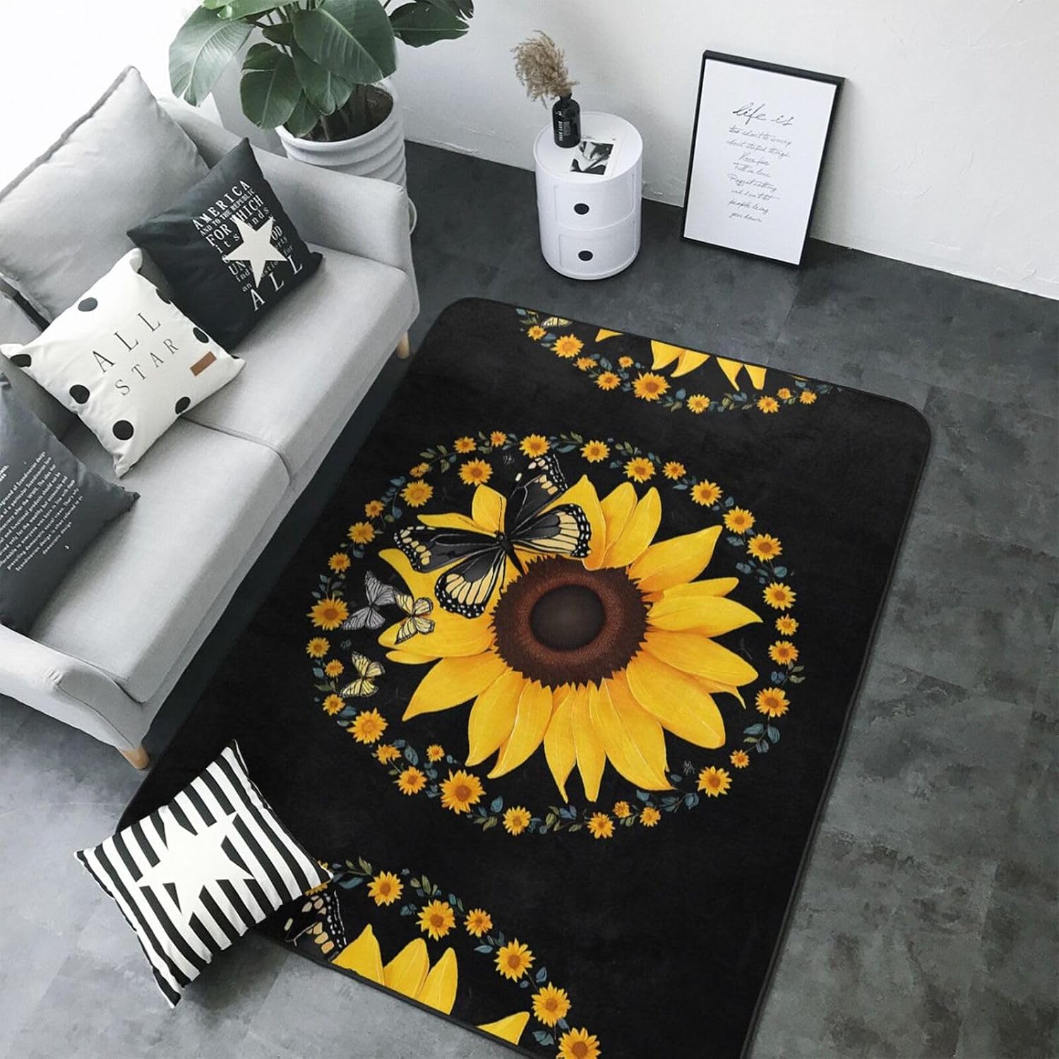 Flannel Non-Slip (Butterfly and Sunflower) Rug Pad 80×50in Soft Washable Protective for Hardwood Floors Bedroom Bathroom Living Room