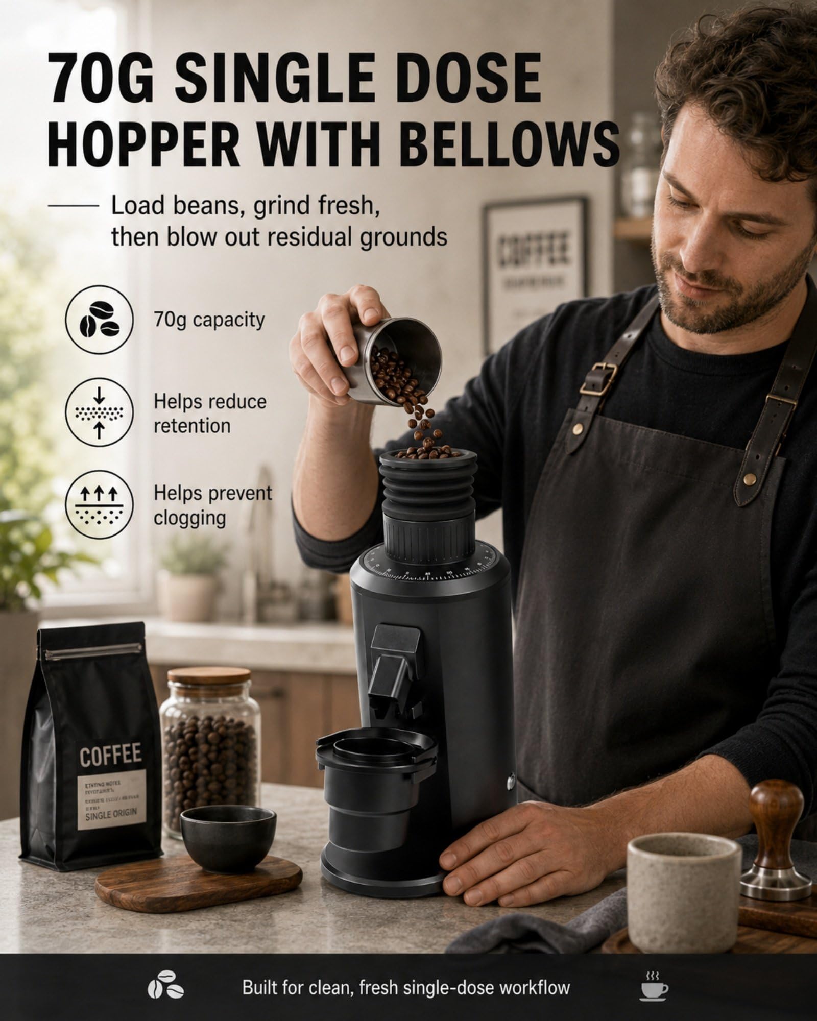 Molinillo de Café Single Dose 80mm, Molinillo Espresso Eléctrico con Muelas Planas, Ajuste 0-100, Velocidad 800-1600 RPM, Depósito 70g, Compatible Portafiltro 58mm, 550W Black