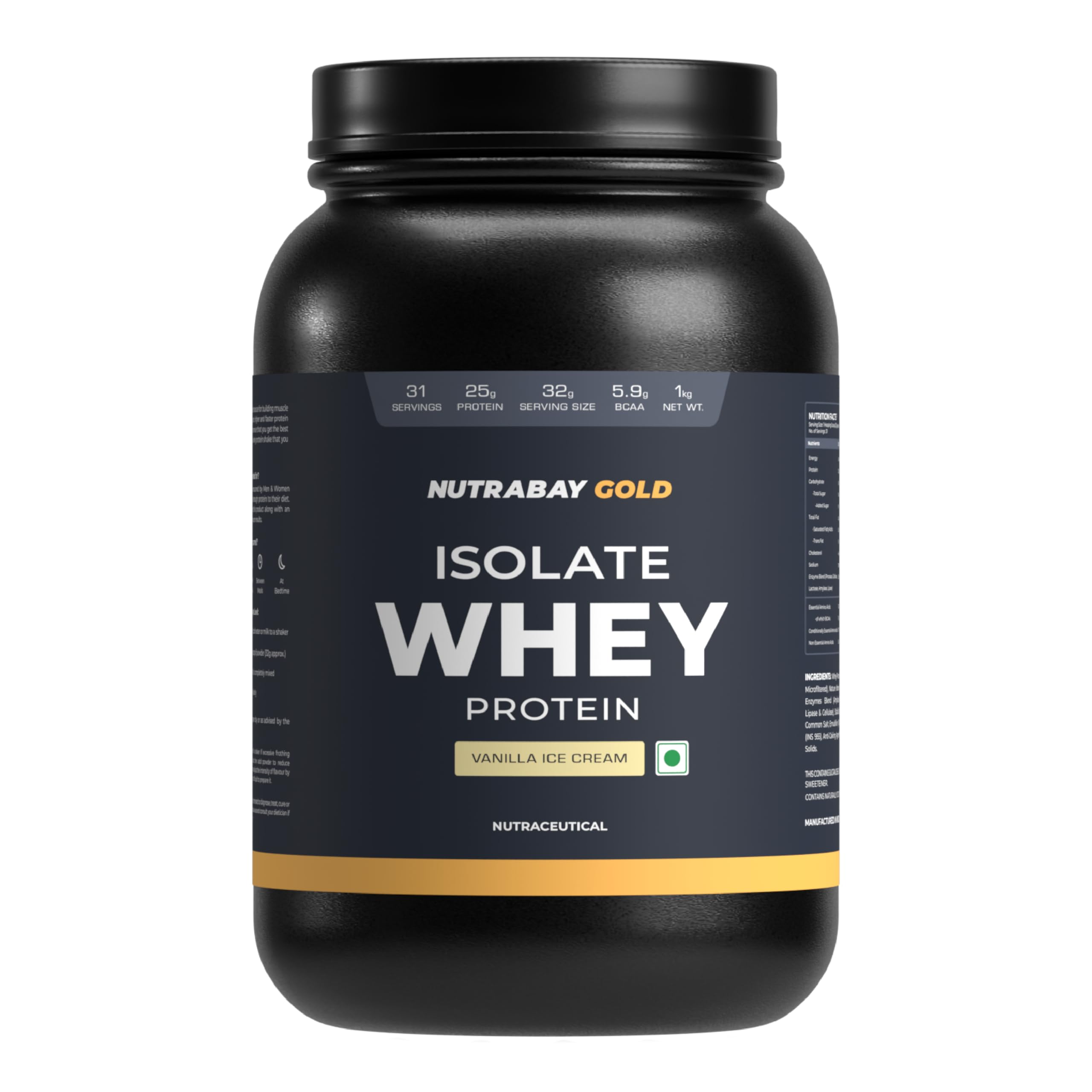 Gold Whey Protein Isolate Powder 25g Protein, 5.9g BCAA per Serving, Easy to Digest, NABL Lab Tested – Muscle Growth & Recovery – 1kg, Vanilla Ice Cream|100% Authentic Clean Protein