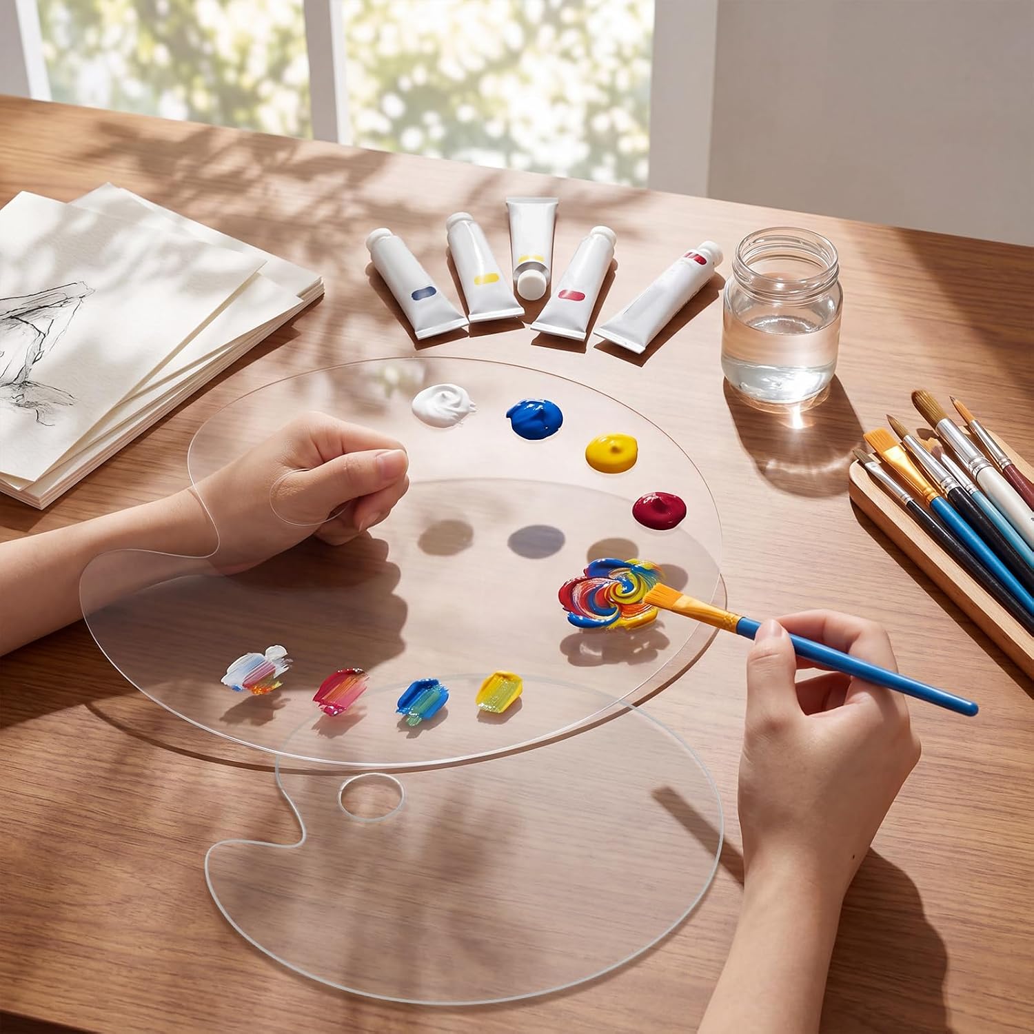 12 Pack Acrylic Paint Palette 2 Sizes (11.8 x 7.9 in & 9.8 x 5.9 in), Clear Oval Mixing Tray with Thumb Hole, Transparent Non-Stick Pallet for Oil Watercolor Craft DIY Art Halloween Painting