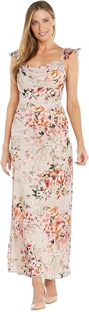 R&M Richards Long Floral Print Chiffon Dress W/Flutter Sleeves & Cowl Neck