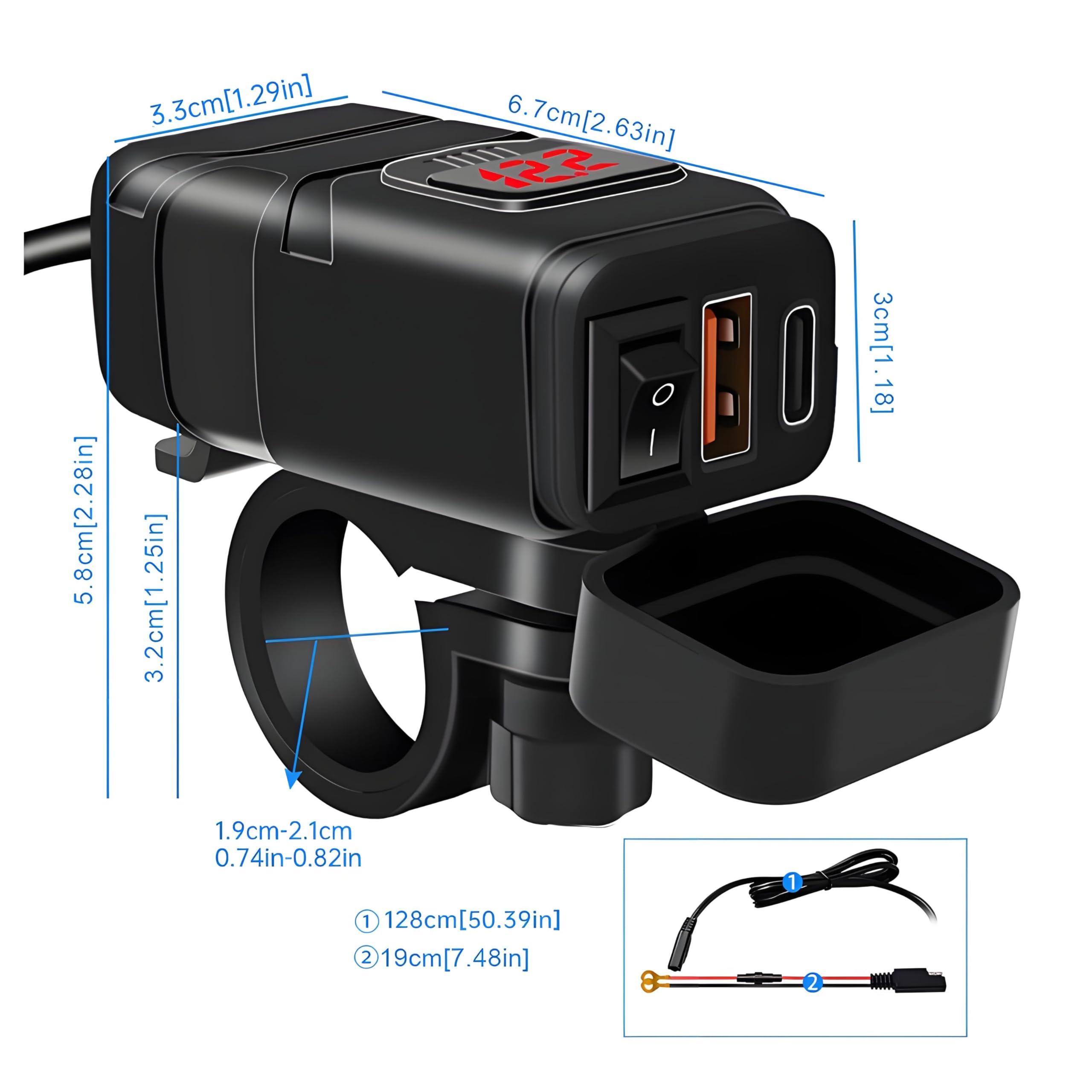 Dwupak 2-portowy port USB typu C, ładowarka motocyklowa, szybkie ładowanie z woltomierzem, do telefonu, wodoodporny, ATV, UTV, uchwyt na kierownicę łodzi, czerwony