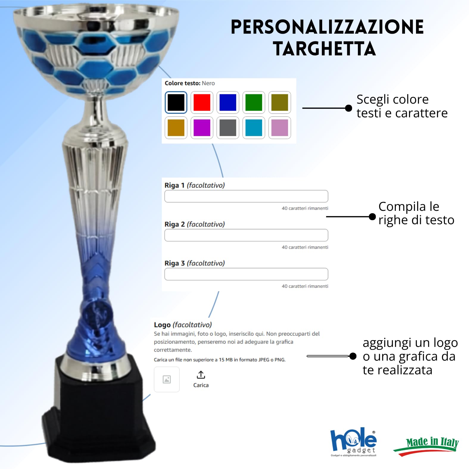 Coppa Trofeo Premiazione Personalizzata, Argento e Blu, Metallo, con Targhetta Stampata Inclusa, Varie Misure per Calcio, Fantacalcio, Eventi Sportivi, Padel, Basket, Sport.