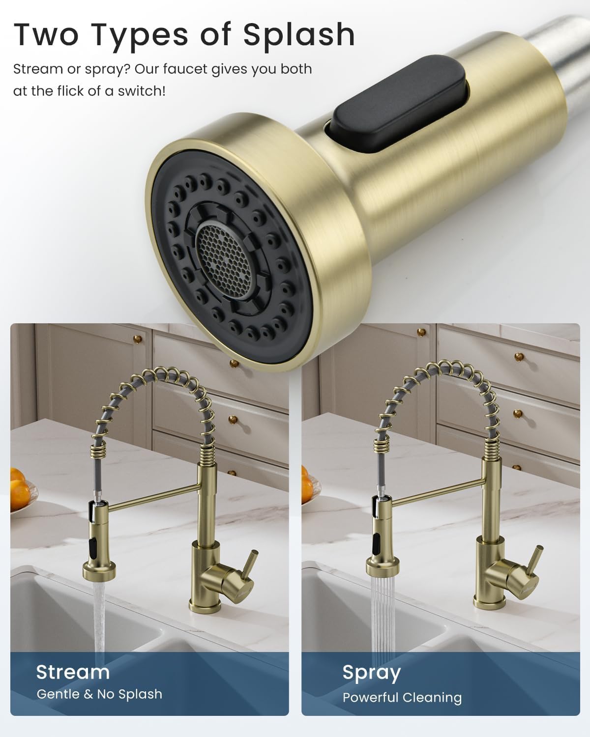 APPASO Grifo de cocina dorado, grifo de cocina dorado cepillado con pulverizador extraíble y dispensador de jabón, grifo de fregadero de cocina comercial, acero inoxidable dorado