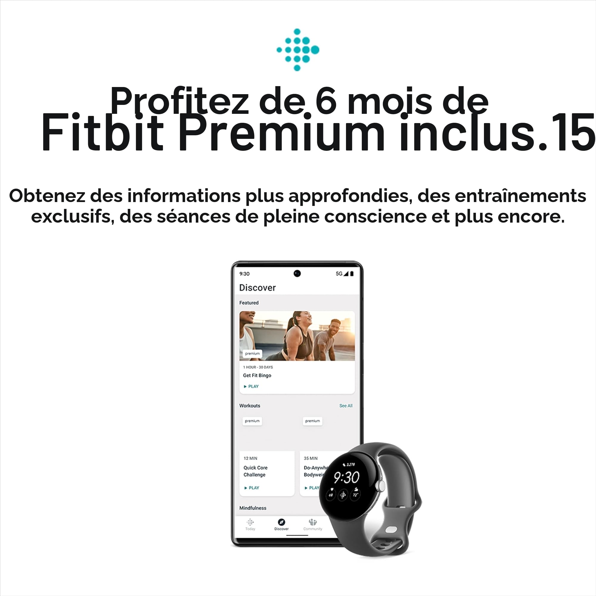 Google Pixel Watch 1ère génération – Montre intelligente Android avec suivi d'activité Fitbit – Montre de suivi de la fréquence cardiaque – Boîtier en acier inoxydable noir mat avec bracelet actif en