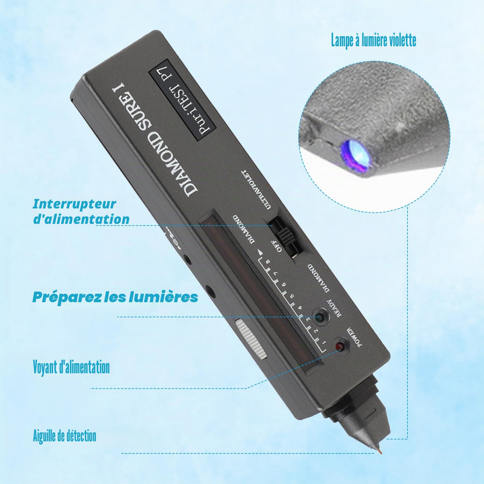 Stylo de test de diamant électronique portable avec lumière UV, outil de test de dureté professionnel pour les vrais diamants, pierres de bijouterie, débutants et experts