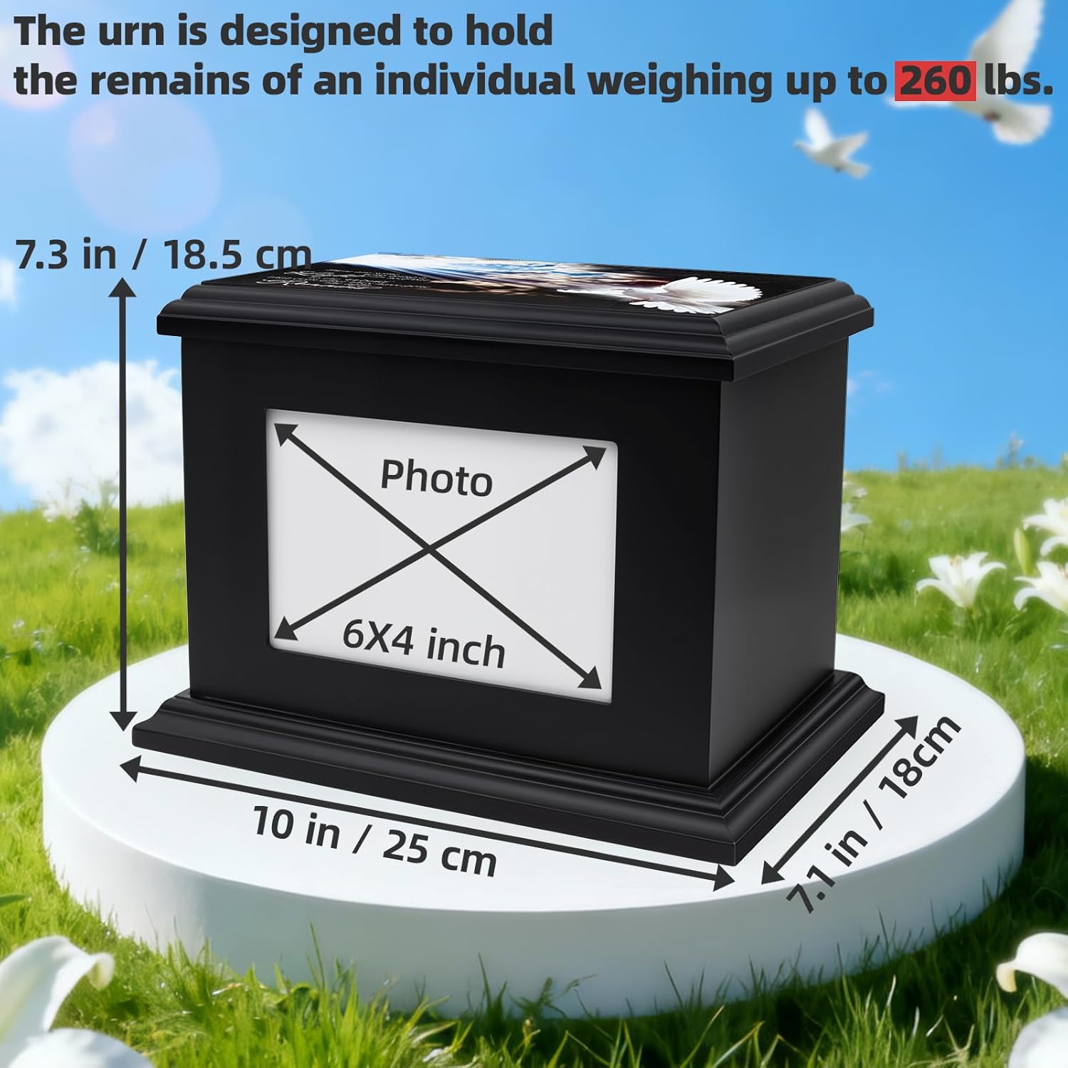 Cremation Urns for Human with Photo Frame, Urn for Ashes for Women, Wooden Urn for Ashes Adult Male, Keepsake Box Casket for Humans up to 260 lbs (Black, L, Dove) - Image 3