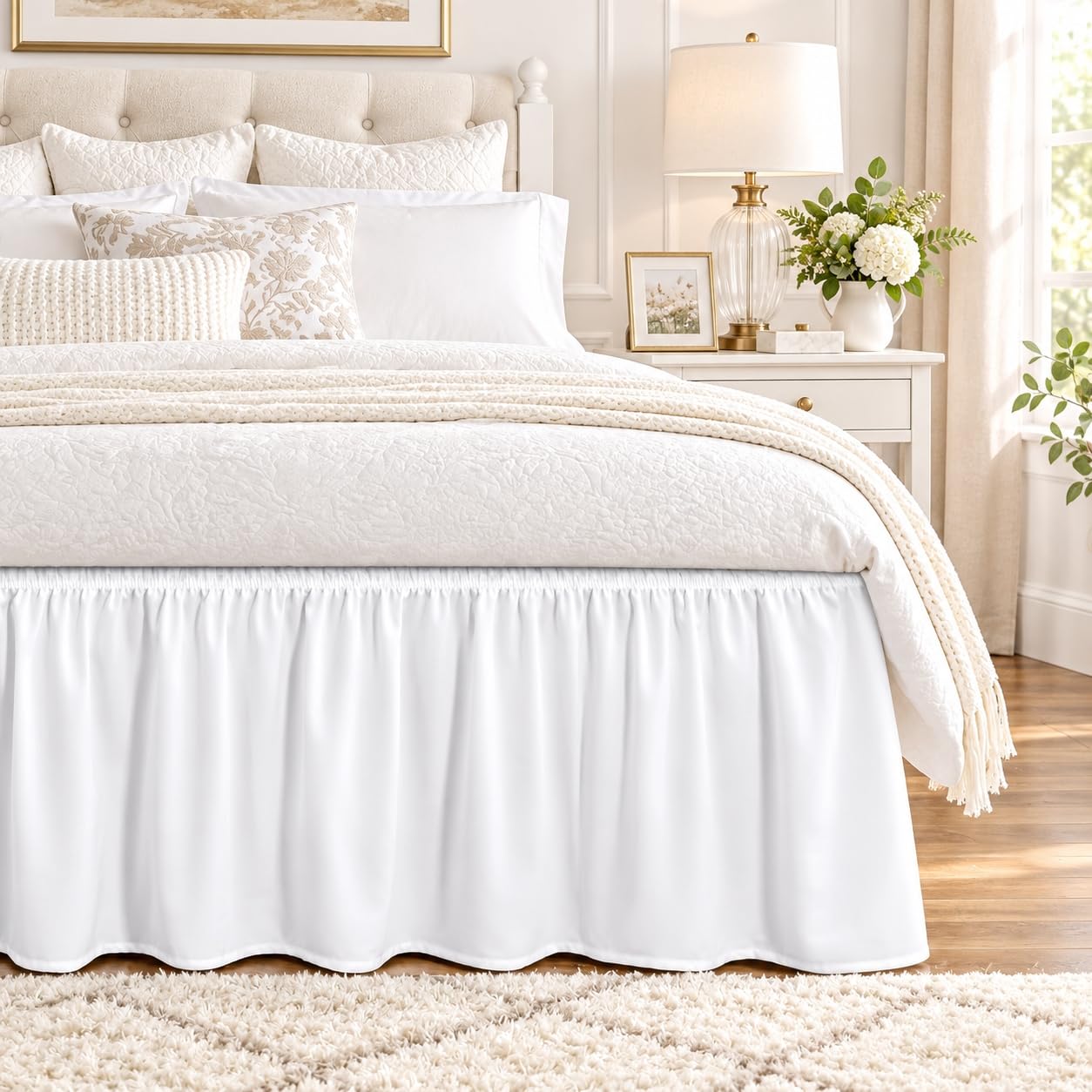 Bright White Bed Skirt Queen Size 15" Drop, Elastic Wrap Around Bedskirt