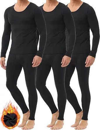 Winvote Men's Fleece-Lined Thermal Underwear Set, 3 Pack