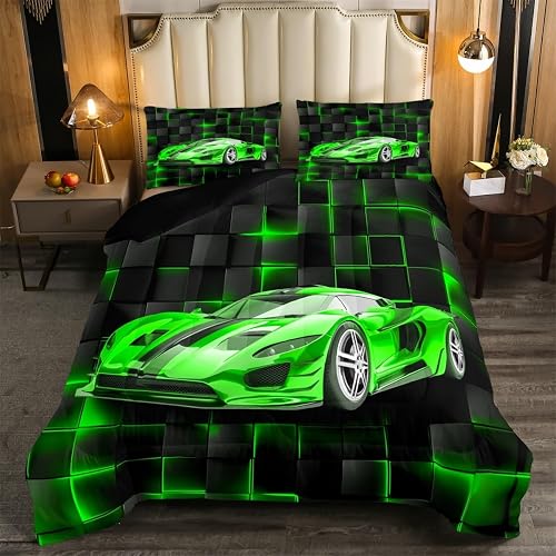 Feelyou Kids Green Race Car Comforter Set Twin Size Speed Sp