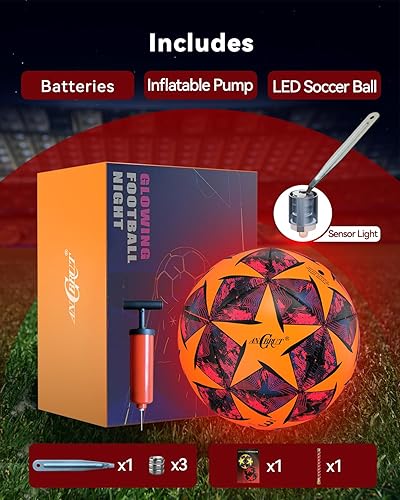 Miniatura 8 de Glow in The Dark Soccer Ball, Light Up Indoor&Outdoor, Gifts for 3-15 KidsTeens, Red LED Lights, Pre-Installed Batteries, Includes Pump-Size 34 5