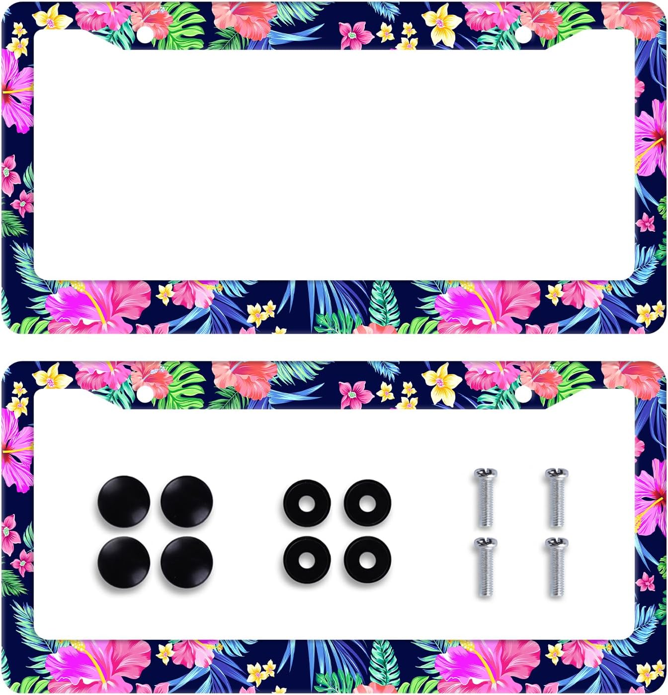 2pcs Colorful Hibiscus Flower License Plate Frame Hawaii Floral Tropical Leaves License Plate Frames Funny Auto Accessory Bracket Stainless Steel License Plate for Women Men 6 x12 Inch