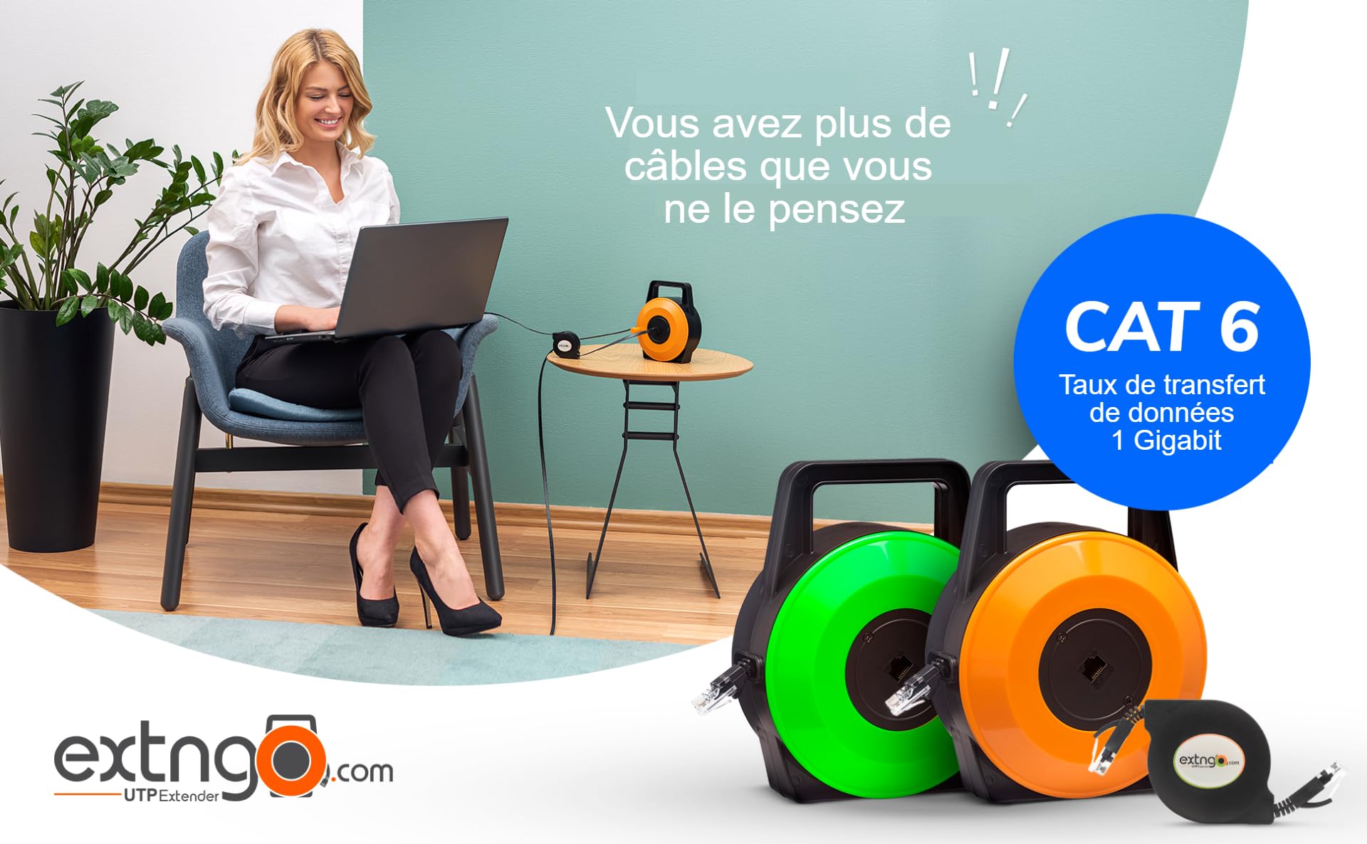 Câble CAT6 Ethernet Rétractable 15m Plat – Extension Internet 1 Gbps Portable avec Connecteur RJ45 Mâle-Femelle