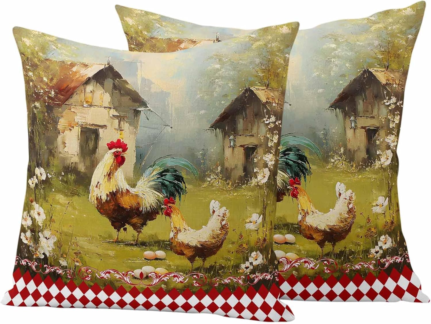 Outdoor Waterproof Throw Pillow Covers Set of 2 Rooster Hen Pillowcases 26x26 Inches Farmhouse Animal Floral Plaid Decorative Pillows Cushion Case Patio Pillows for Couch Bed Chair Garden