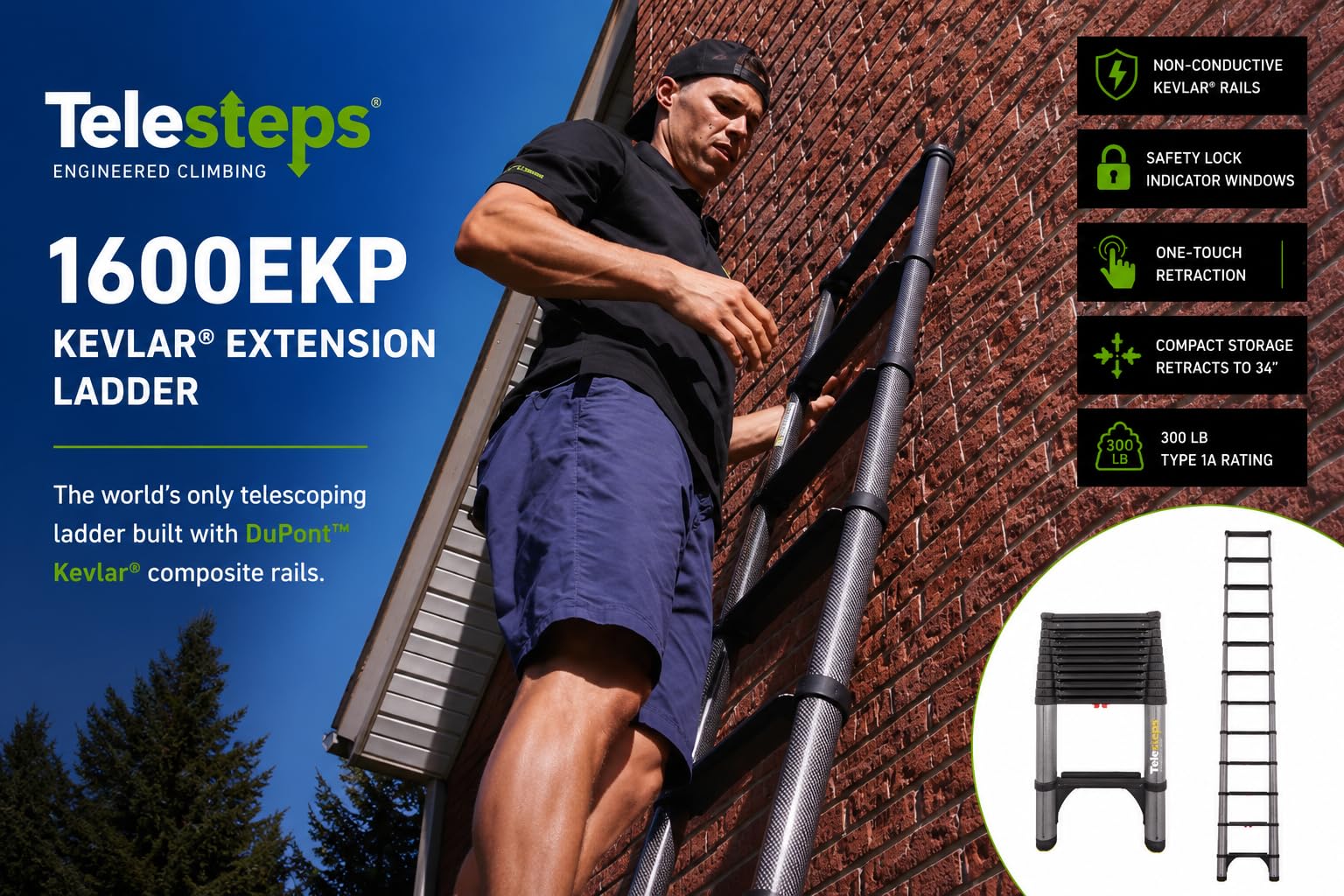 Telesteps Scala telescopica 1600EKP, non conduttiva, Kevlar, rilascio brevettato One-Touch, conforme OSHA 3,8 m di altezza estesa, scala di estensione fino a 4,9 m.