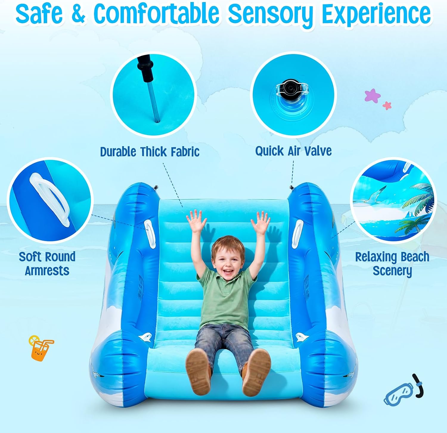 Inflatable Sensory Rocking Chair for Autistic Kids, Calming Ocean Theme Toddler Rocker for Sensory Seeking & ADHD, Blow Up Crash Pad with Ocean Element, Sensory Room Gear, CPC & CE Certified