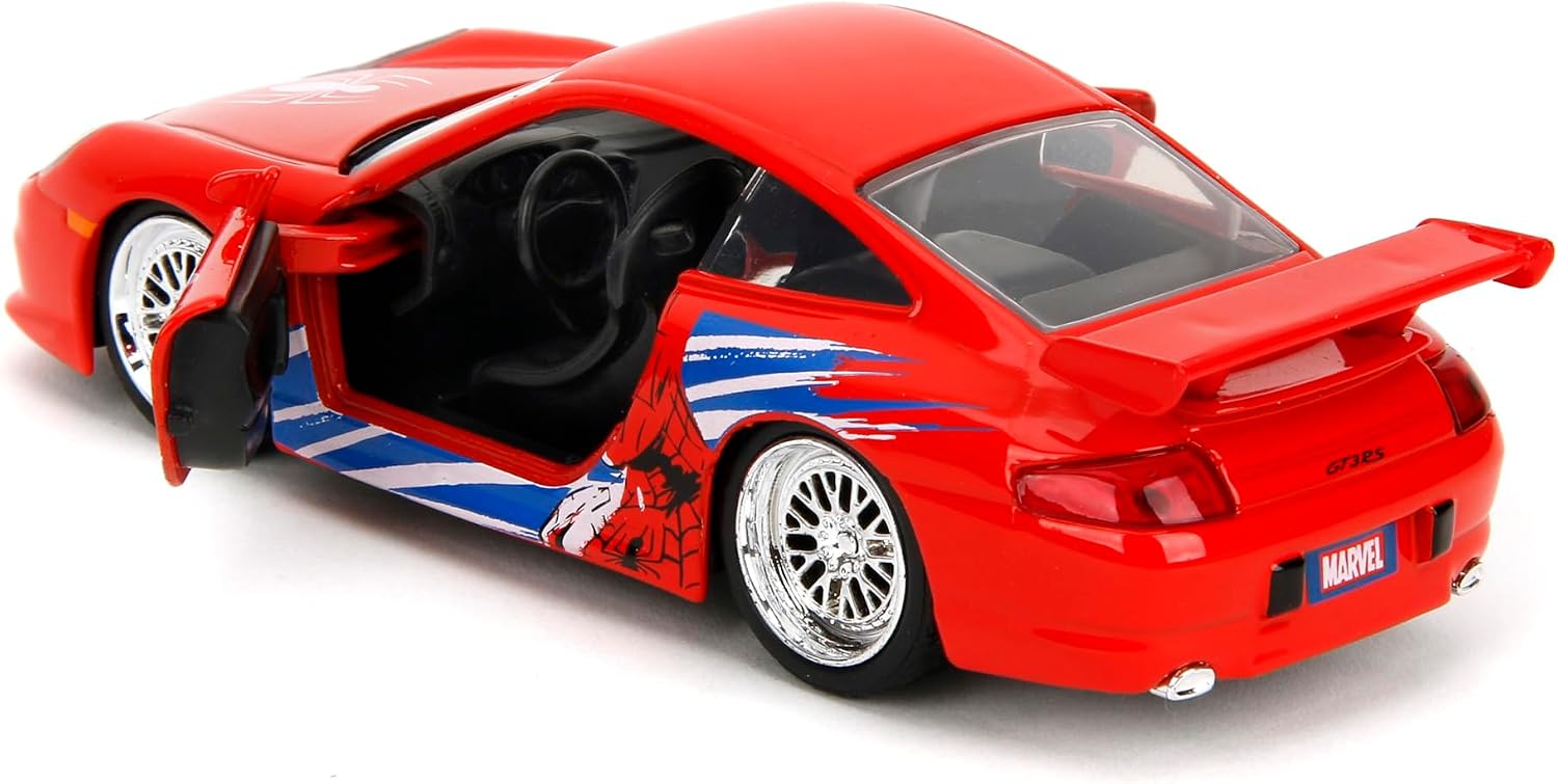 Jada Hollywood Rides Spider-Man Porsche 911 GT3 RS 1:32 – Die-Cast Vehicle Paint, Opening Doors, Marvel Theme – Red/Blue Design for Kids & Collectors