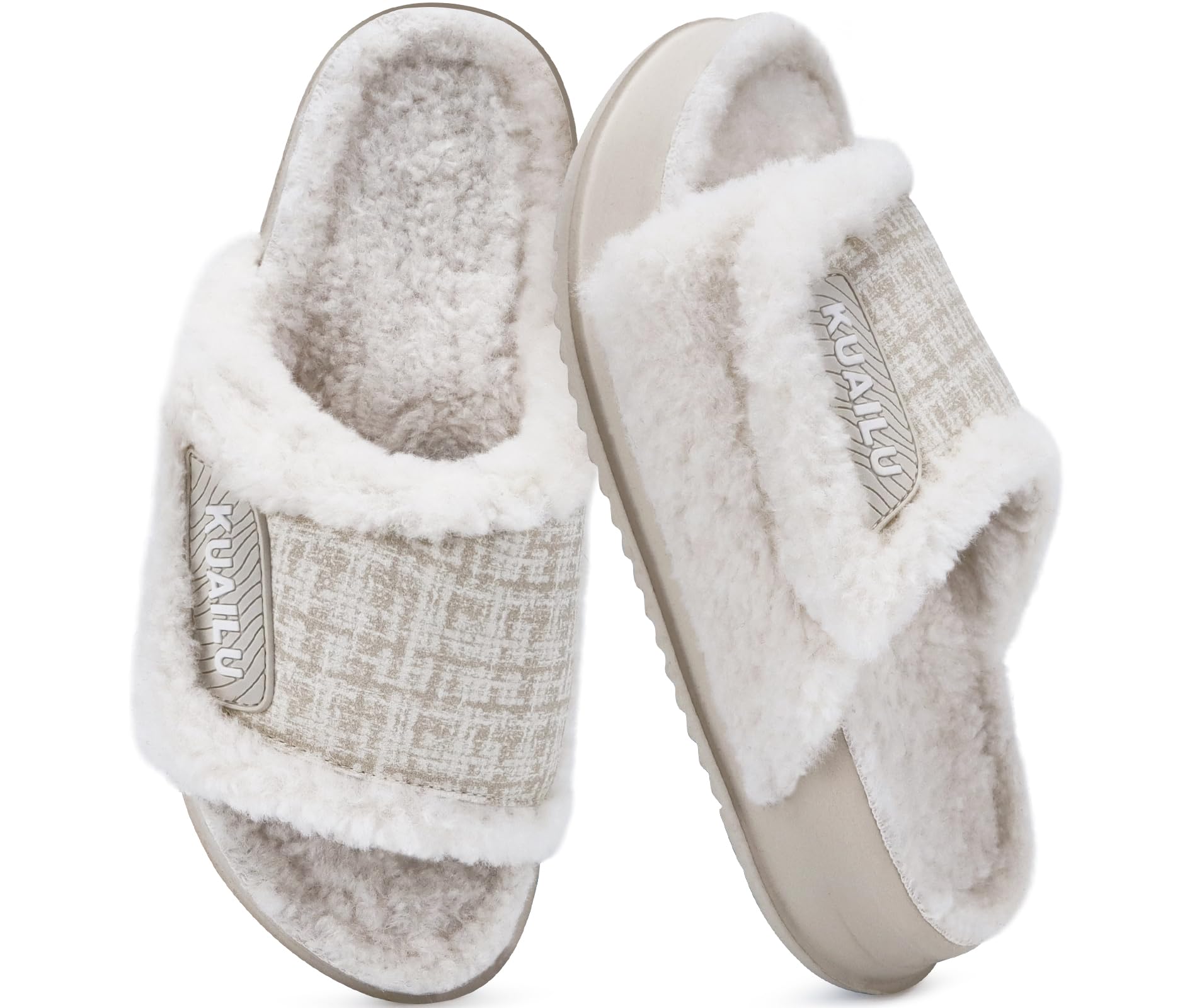 KuaiLu Cushion Slippers For Women with Orthotic Arch Support Wide Adjustable Open Toe Furry Fur Sandals Warm Teddy