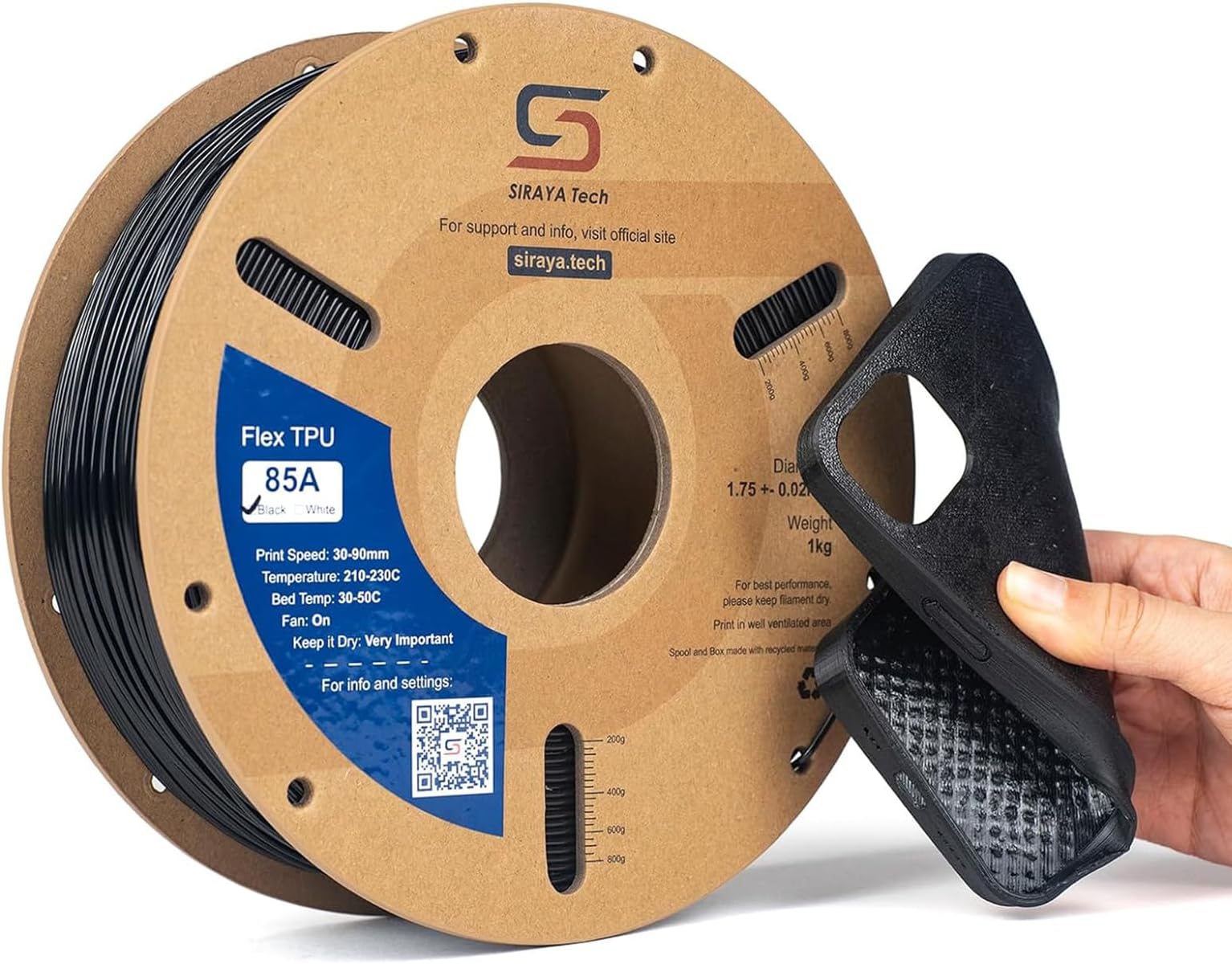 Siraya Tech Flex TPU Filament - 85A Shore, High Flexibility & Toughness, Easy to Print, Moisture-Resistant Aluminum Resealable Bag - Ideal for FDM 3D Printers, Footwear, Protective Gear (Black, 1kg)