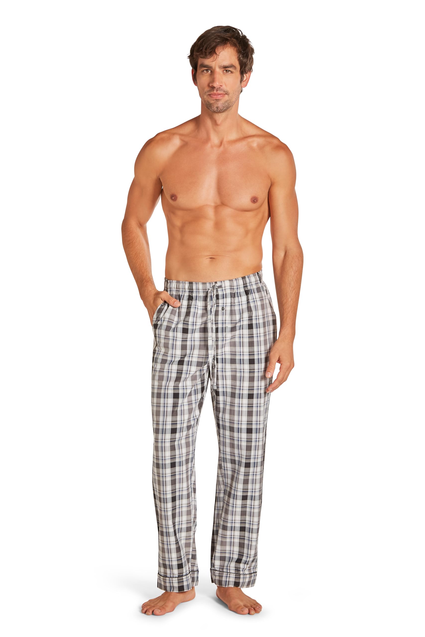 TAHARI Men's Woven Pajama Pants – Soft Cotton Poplin, Lightweight & Breathable Lounge Pants with Pockets (Black Open Plaid, Large)