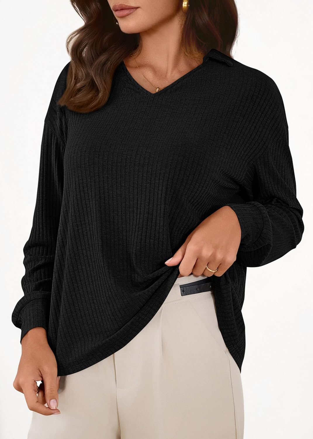 KIRUNDO Long Sleeve Shirts for Women 2025 Fall Fashion Outfits Going Out Tops Collar V Neck Blouses Ribbed Knit Loose Tunic - Image 4