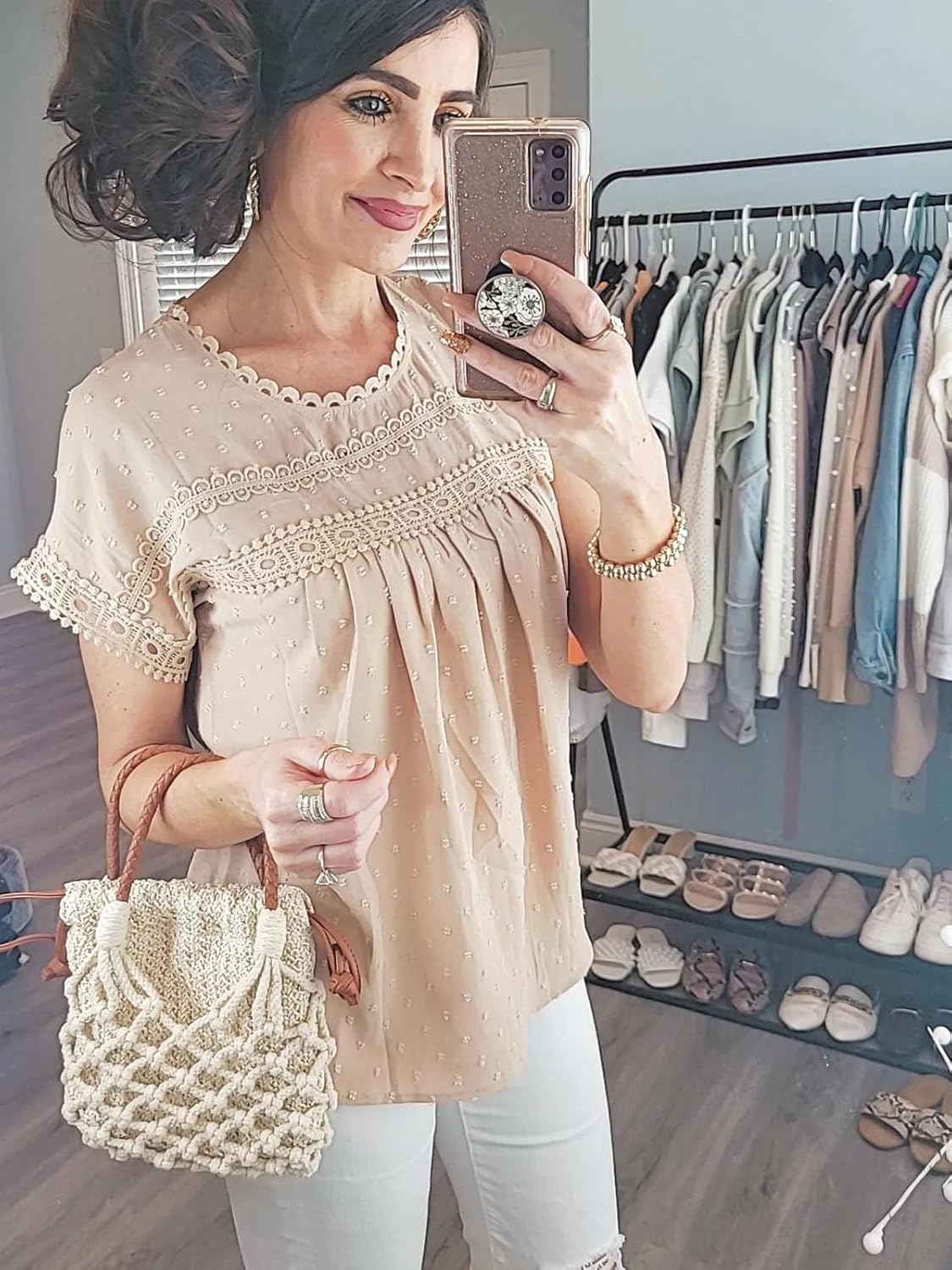 Poetsky Womens Summer Short Sleeve Lace Crochet Blouses Flowy Babydoll Dressy Casual Work Tops - Image 8