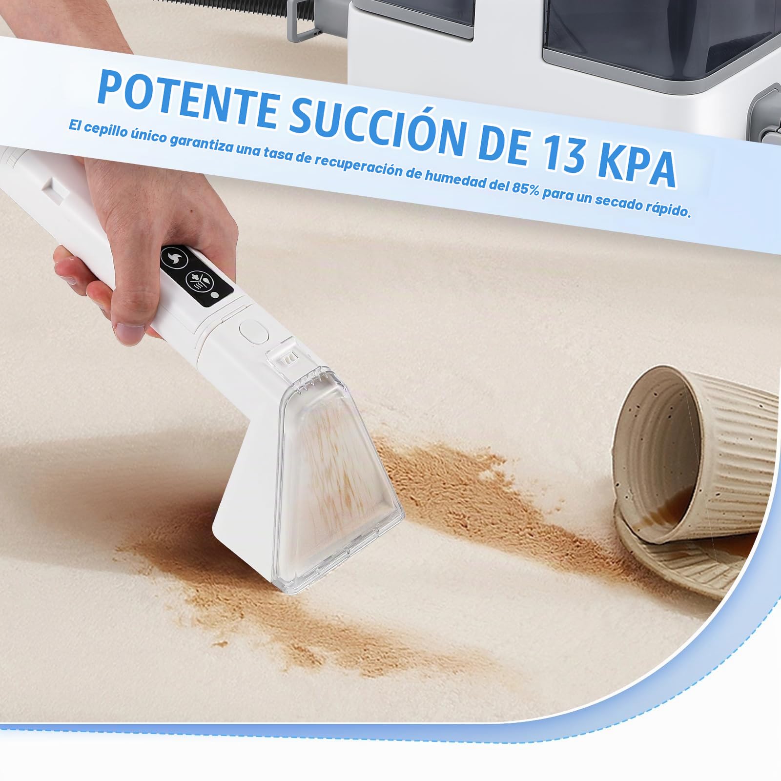 Moongiantgo Aspiradora de Agua Tapiceria con Vapor/Caliente/Fria, Limpiador de Tapicerias 1300W, 13kPa Succión, Tanque Desmontables 1.2L+1.4L, Limpia Tapicerias Sofa para Alfombras/Más/Auto (Blanco)