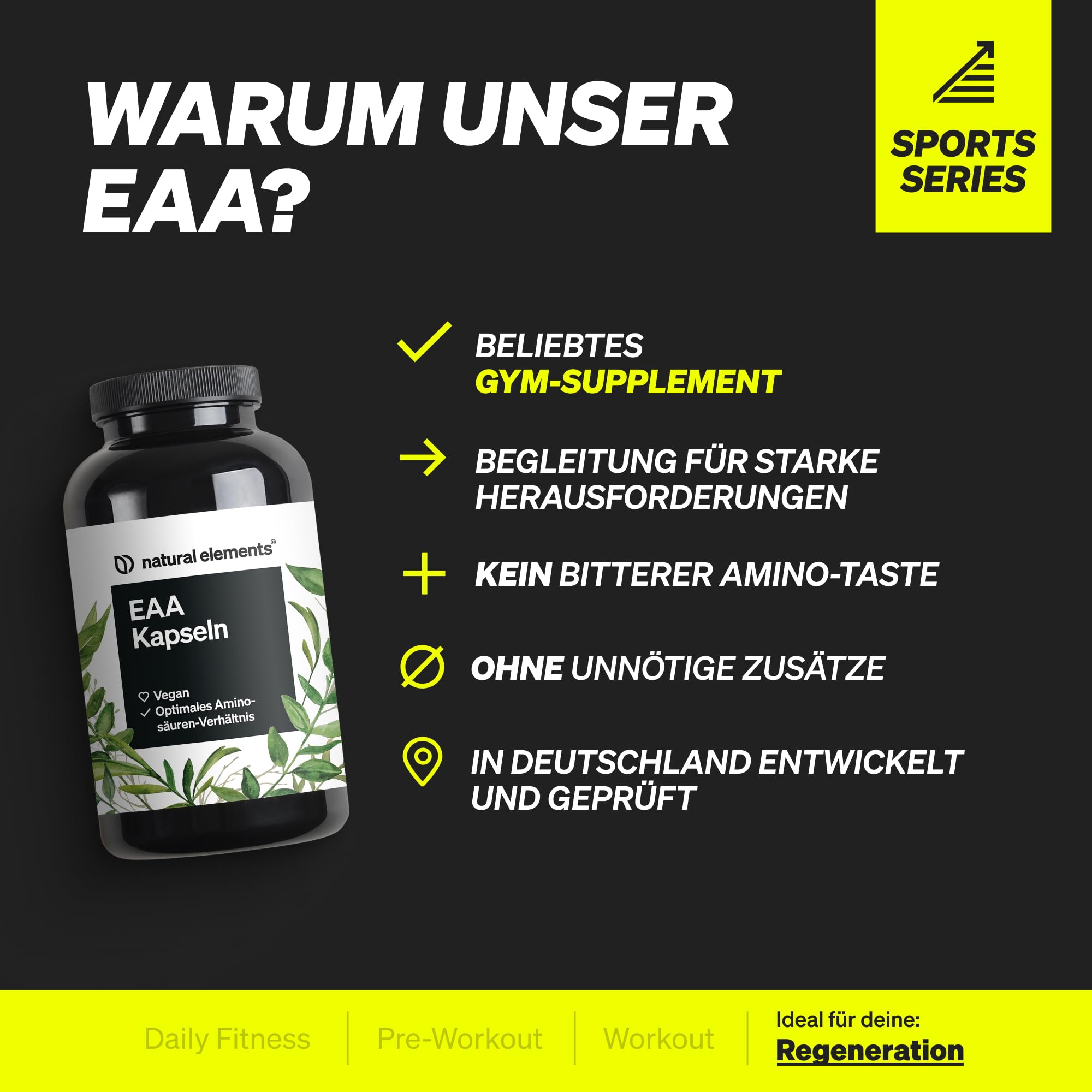 natural elements EAA Kapseln hochdosiert – 300 Kapseln – 8 essenzielle Aminosäuren – vegan, ohne unnötige Zusätze – in Deutschland produziert & laborgeprüft
