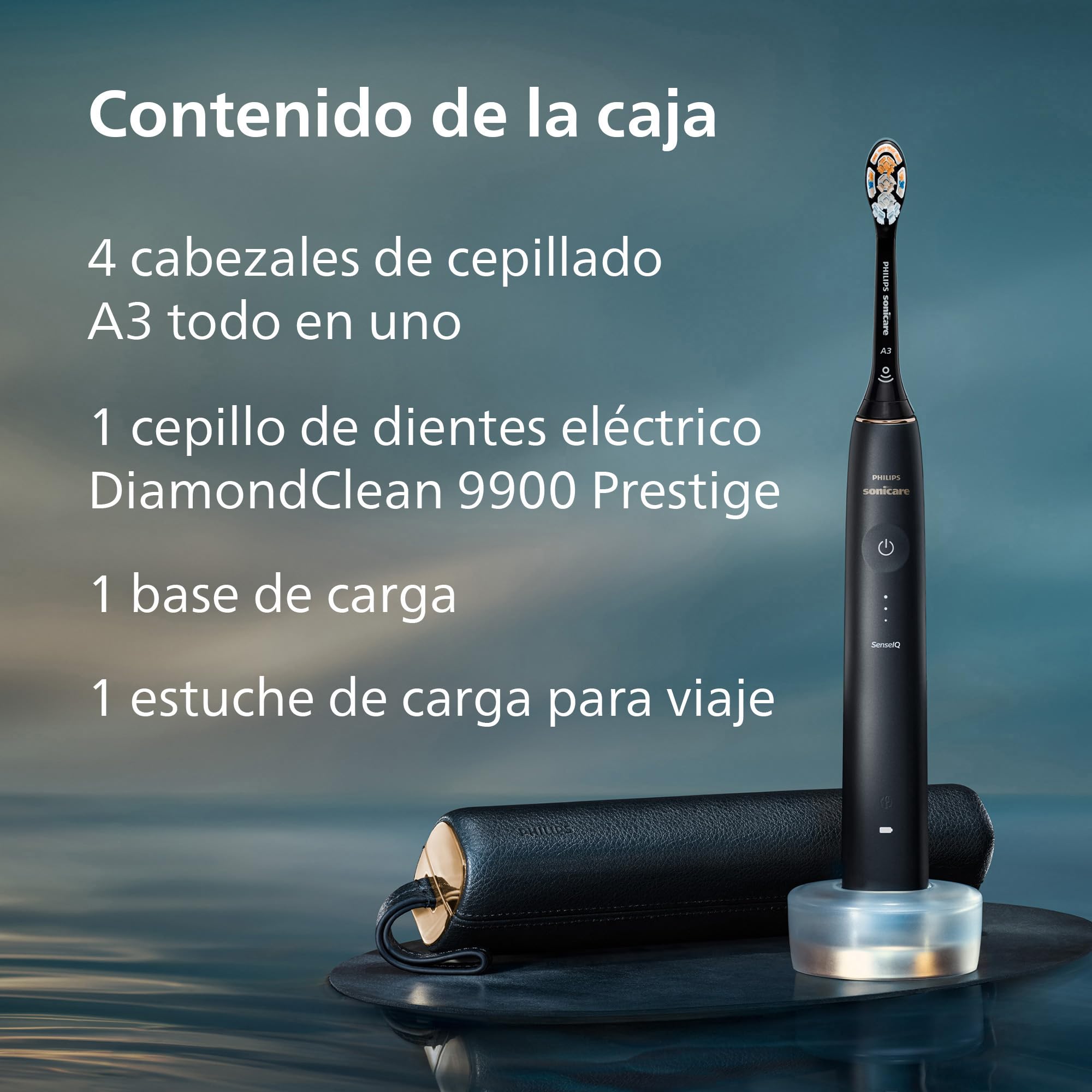 Philips Sonicare DiamondClean 9900 Prestige cepillo dental eléctrico, con tecnología SenseIQ y aplicación, 5 modos de cepillado, estuche de viaje con carga, azul medianoche, modelo HX9992/45