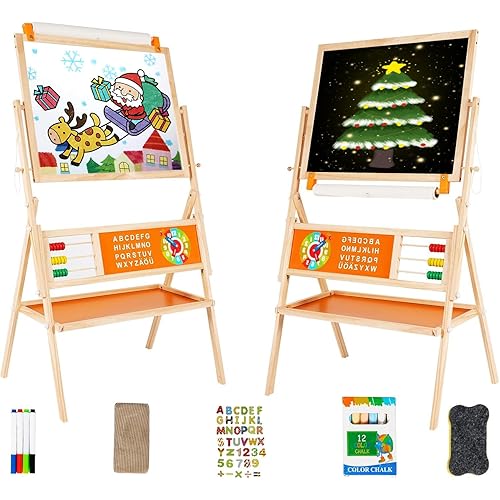 3-in-1 Wooden Easel for Kids, Toddle Double-Sided Easel with Magnetic Whiteboard and Painting Blackboard, 360° Rotatable, Paper-roll Holder, Storage Tray, and Stickers Included
