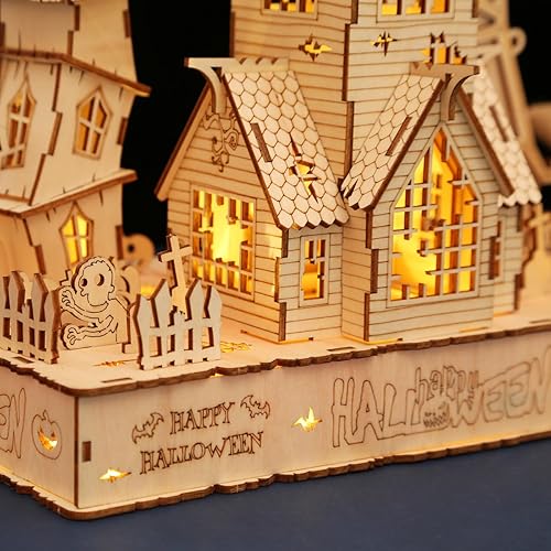 Miniatura 7 de Rompecabezas de madera 3D de casa embrujada de Halloween, rompecabezas creativo de madera que brilla en la oscuridad, kit de construcción de modelos