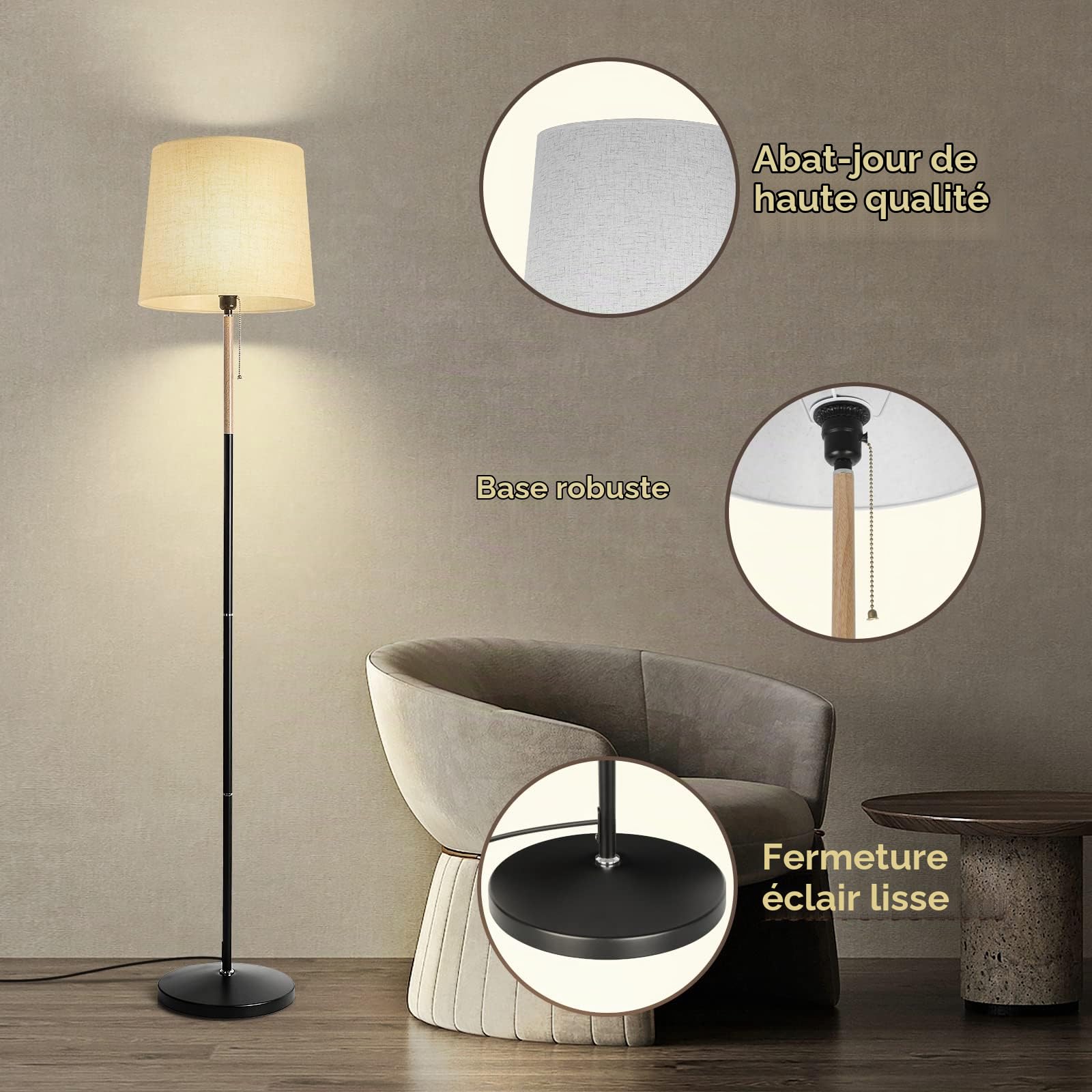 Lampadaire sur Pied Salon, Lampadaire avec Abat-jour en Tissu, Douille E27, Max. 60W, Lumière Douce Naturelle, pour Salon, Chambre, Bureau, Salle à Manger, Hauteur 170cm (Ampoule non incluse) (Beige)