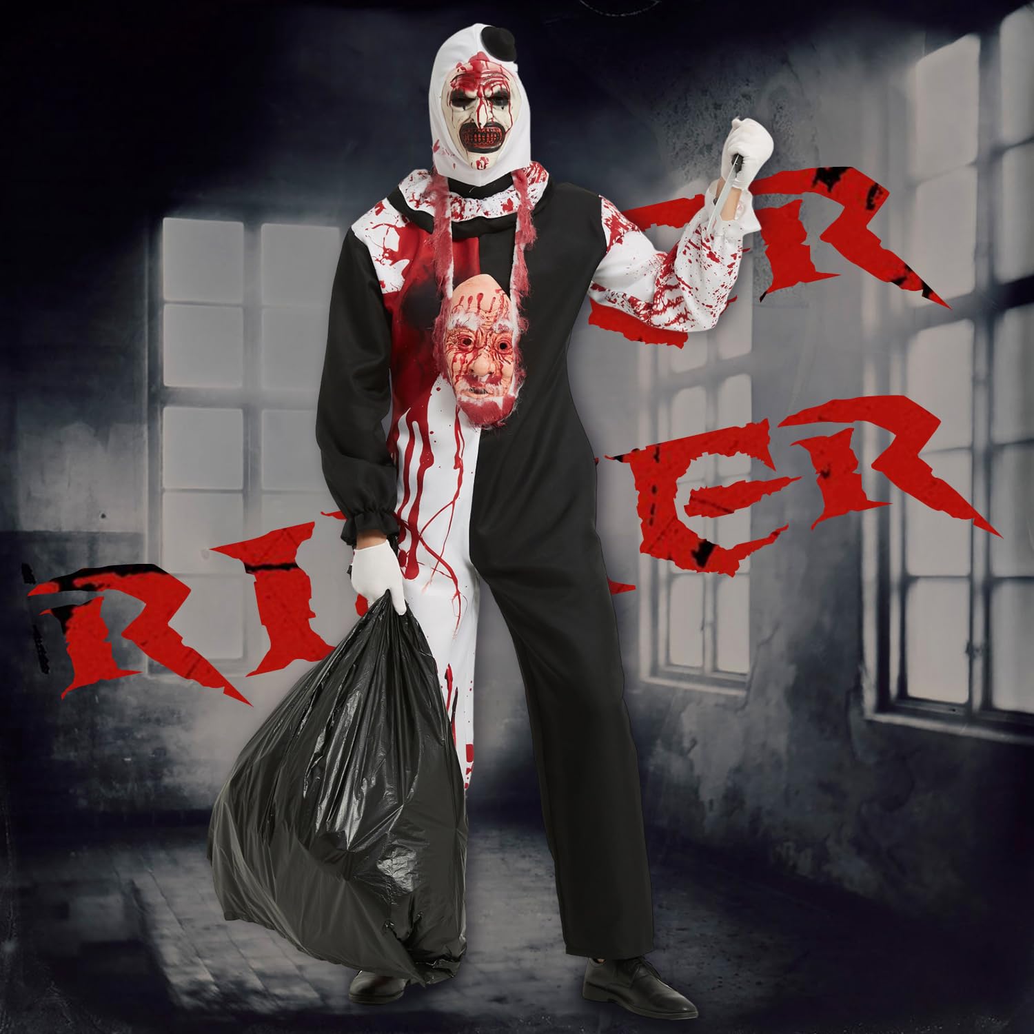 7 Stück Terrifier Kostüm, Art the Clown Costume, Outfits der Killer Clown Overall mit Maske und Weihnachtsmann Gesicht, Movie Terrifier 3 Kostüm für Erwachsene Halloween Karneval Cosplay