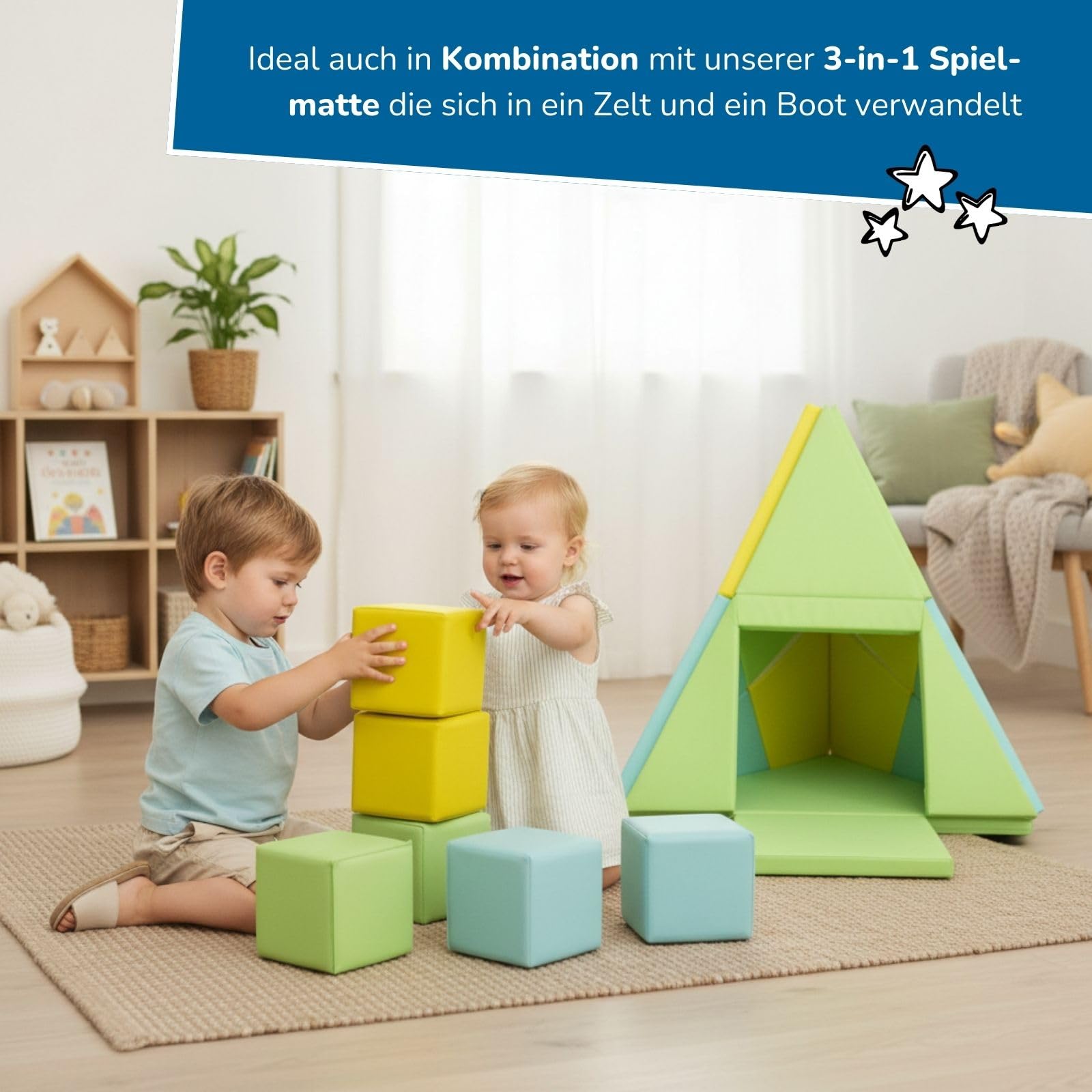 alldoro 60802 - Set di 6 cubi in schiuma, 14 x 14 x 14 cm, per bambini dai 0 anni in su, silenziosi e sicuri, giallo/verde/turchese