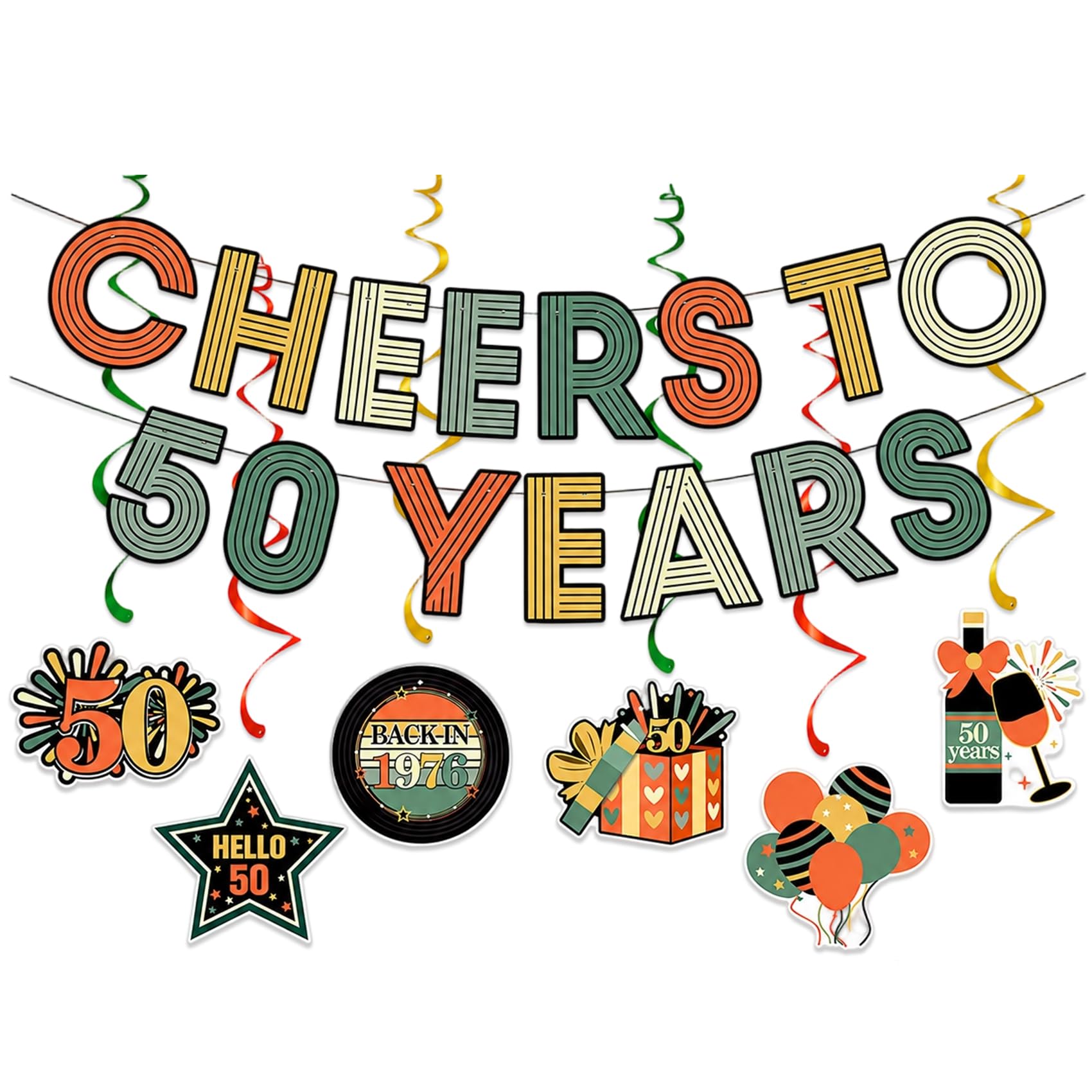 Nideen 50th Birthday Banner with Hanging Swirls, CHEERS TO 50 YEARS
