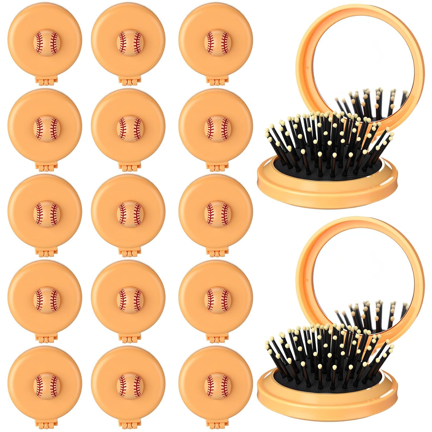 LemonRoad 12 Pack Softball Foldable Travel Mirror Hair Brushes, Mirror Comb, Compact Small Size Massage Comb, Round Portable Folding Pocket Hairbrush, Softball Sport Party Team Gift (Yellow)