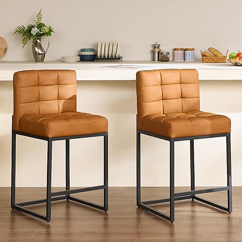 Miniatura 3 de Juego de 2 taburetes de bar modernos de altura de mostrador, taburetes de bar tapizados gruesos con cableado a cuadros de 25 pulgadas con patas