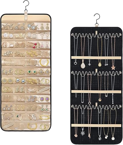 Organizador de joyas colgante, organizador de collares de doble cara, organizador de joyas para aretes, collares, anillos, lentes, organizador de