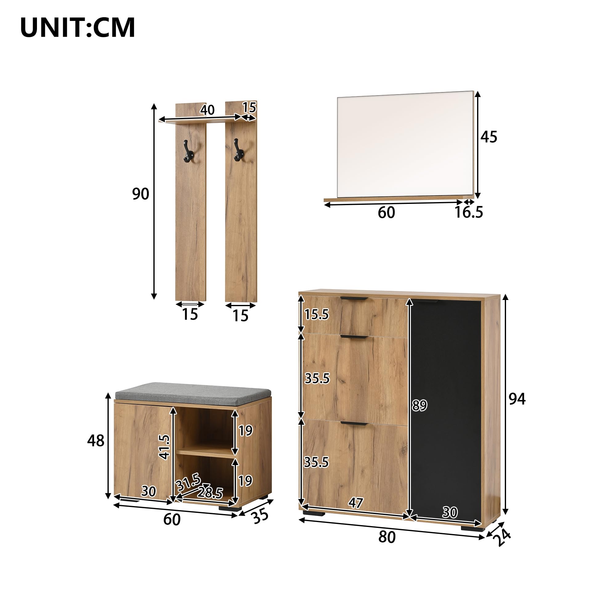 LAKFEW Conjunto de Perchero de Pared con Espejo y Zapatero, Perchero Entrada Recibidor con Banco Almacenaje y 2 Ganchos, Juego de Mueble Recibidor Entrada con Cajón, 140x35x139 cm, Natural+Negro