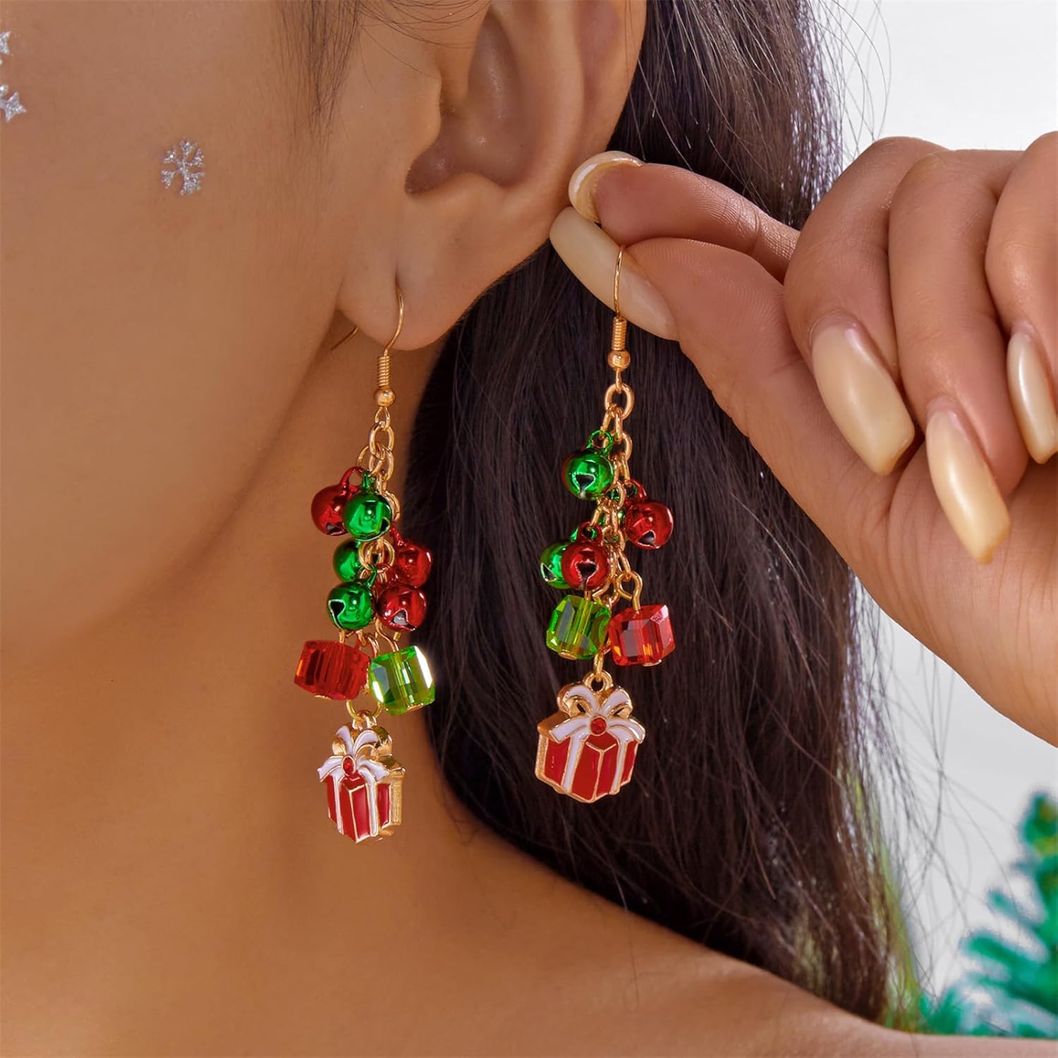 Christmas Earrings for Women,Vintage Christmas Snowflake Tree Gift Box Dangle Earrings Colorful Crystal Bell Drop Earring Christmas Decorations Jewelry - Image 2