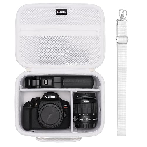 Camera Case Compatible with Canon EOS Rebel T7/R50/R6 Mark II/R100/R50 V/T6/R8/R10/R5 Mark II/RP/R7/5D Mark IV/SL3/R5/T100 DSLR SLR Camera, Len and Tripod with 4 Dividers and Shoulder Strap, White