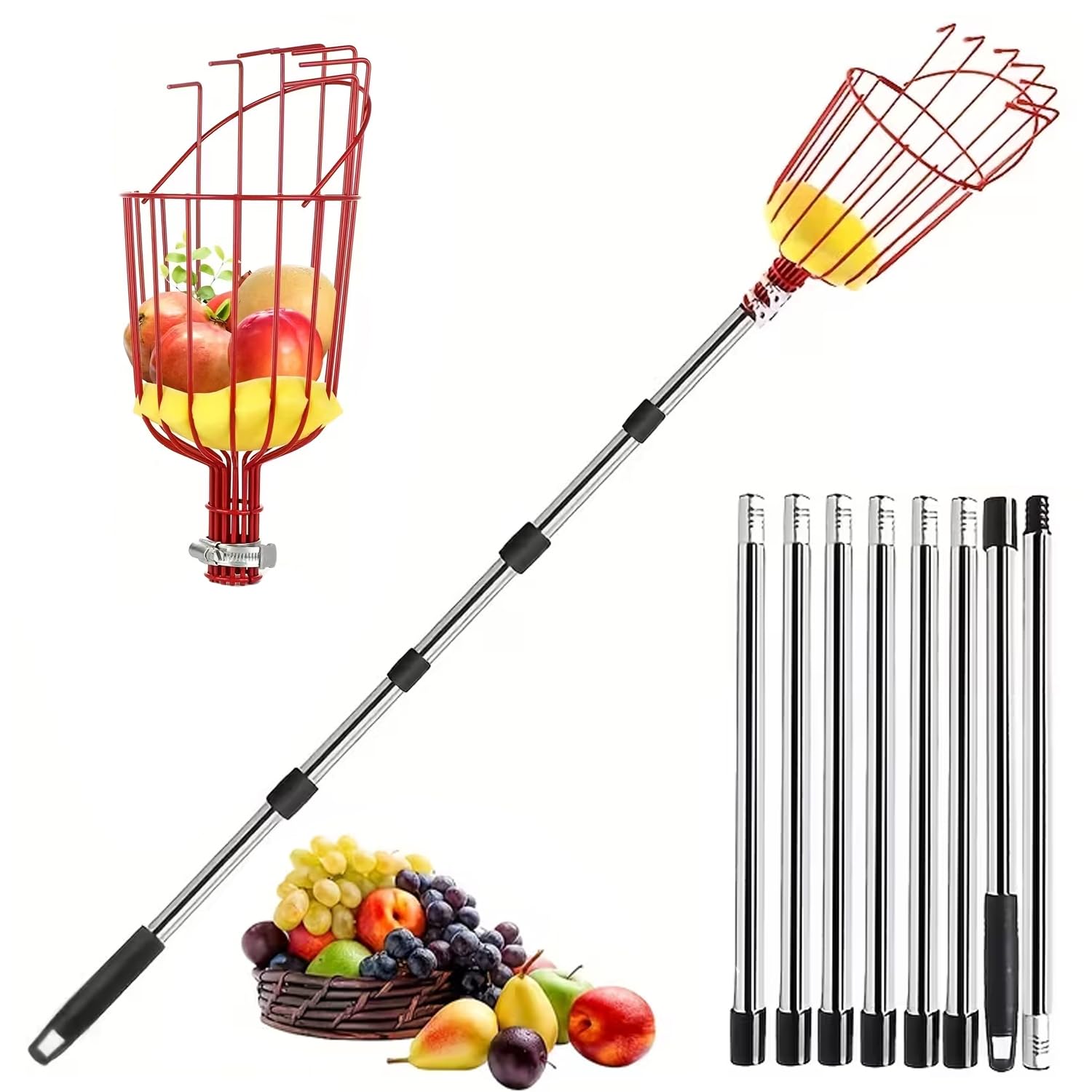 Ompinda Extra Long Stainless Steel Fruit Picker, Heavy-Duty Adjustable Harvesting Tool with 10-Section Telescoping Pole for Apple, Orange,Pear, Lemon, Plum, Kiwi Tree